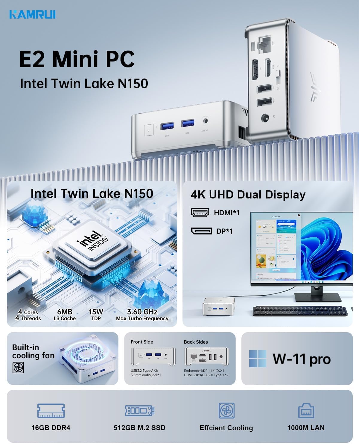 KAMRUI Mini computador Essenx E2 Mini PC 11 Pro Twin Lake N150