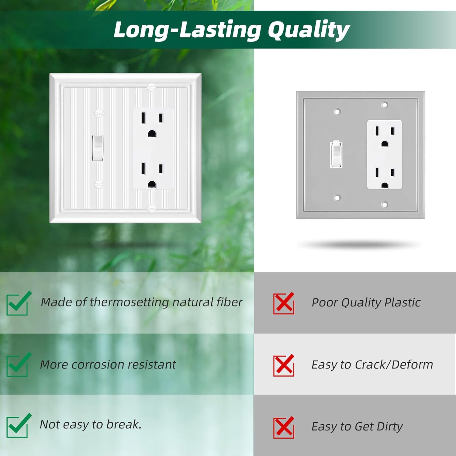Classic White Double Cove Outlet Cover Wall Plates, Natural Material 2 Gang Switch/Decorator Switch Plates(2-Pack)