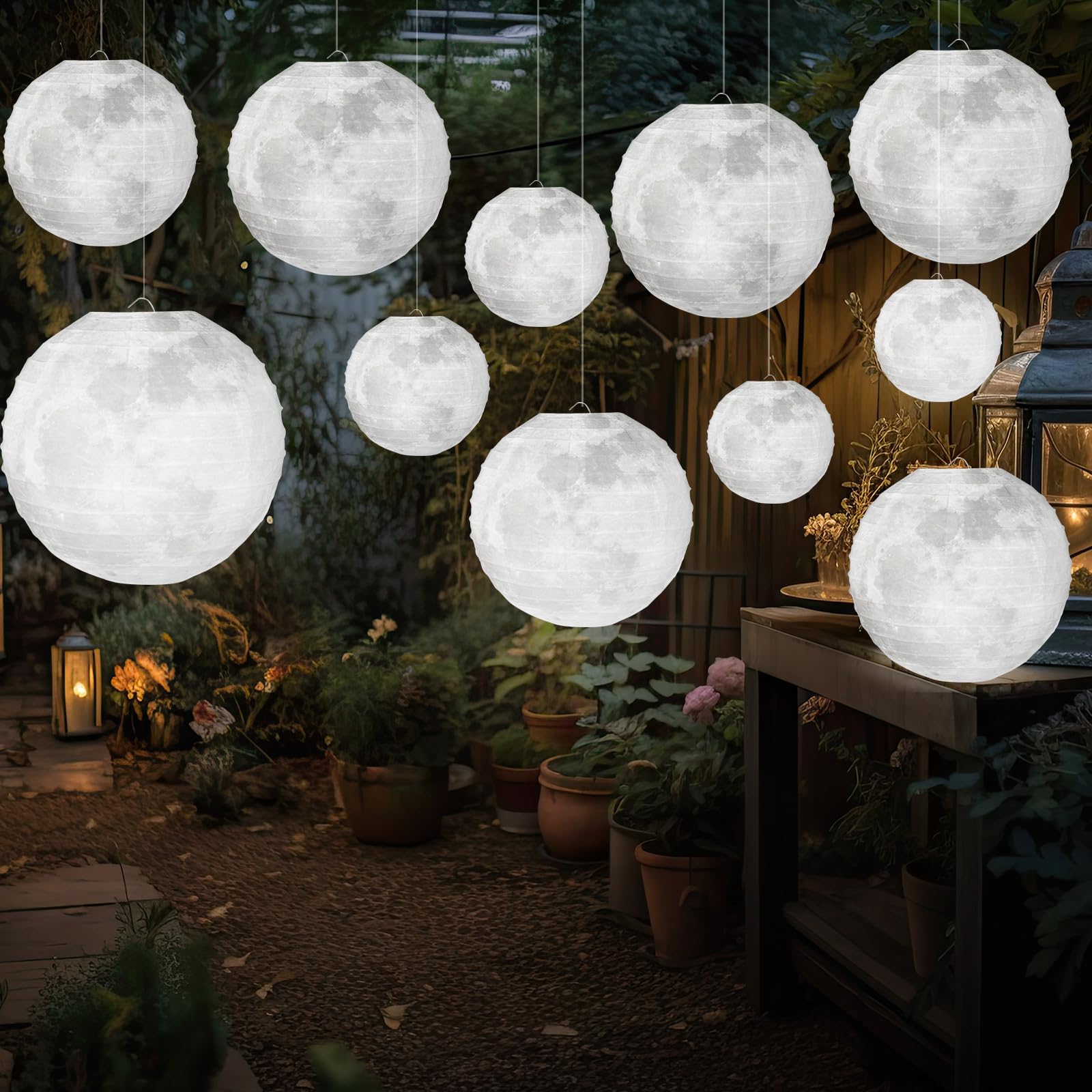 Baquler 12 Pcs 12 Inch Moon Paper Lanterns Back to School Classroom Decor LED Outer Space Moon Party Decorations Hanging Paper Chinese Lanterns for Room Classroom Ceiling Party Decor
