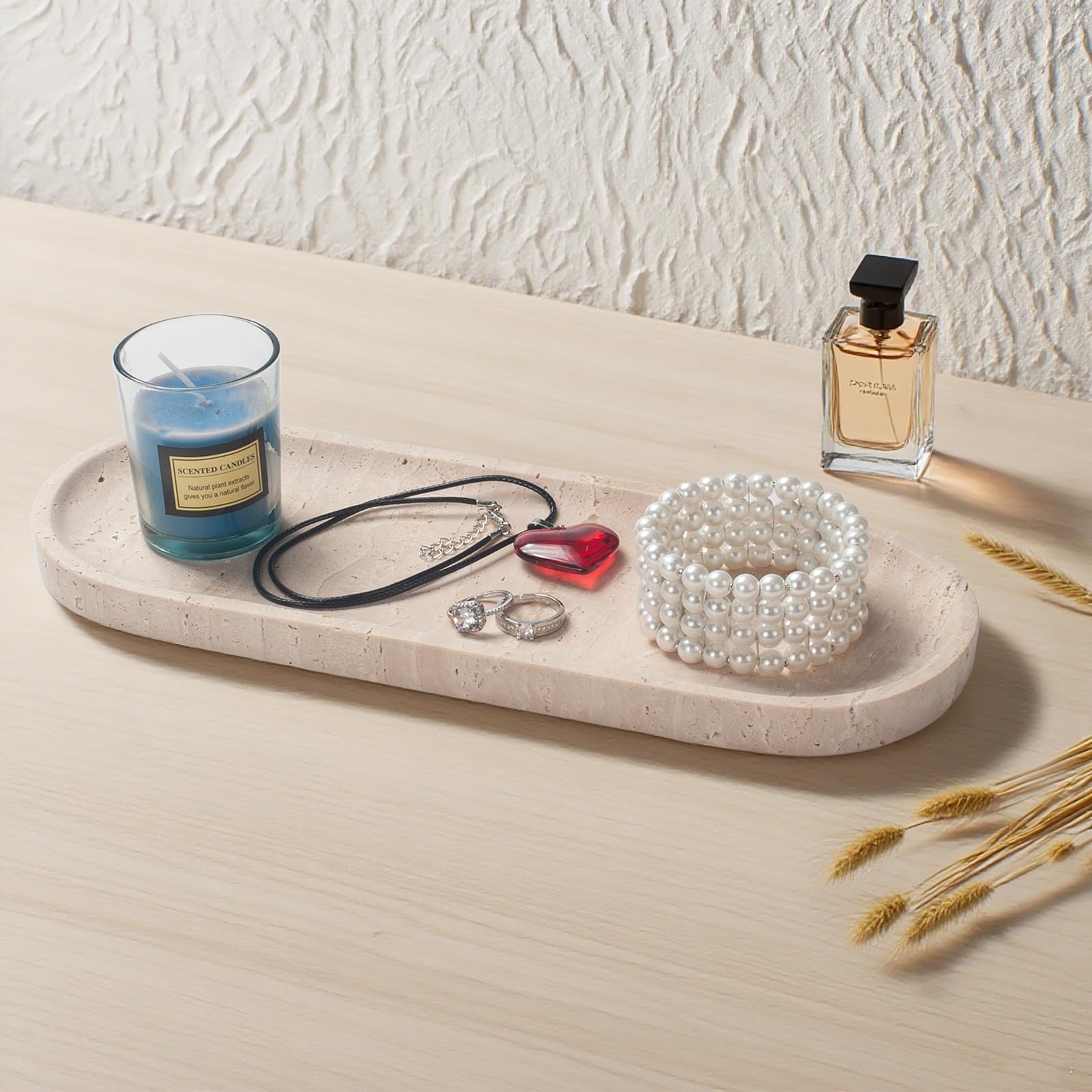 Bandeja ovalada de piedra de travertino para joyas, velas, perfumes, bandeja decorativa de baño de mármol para organizador de encimera, 30 cm x 15 cm x 1,8 cm