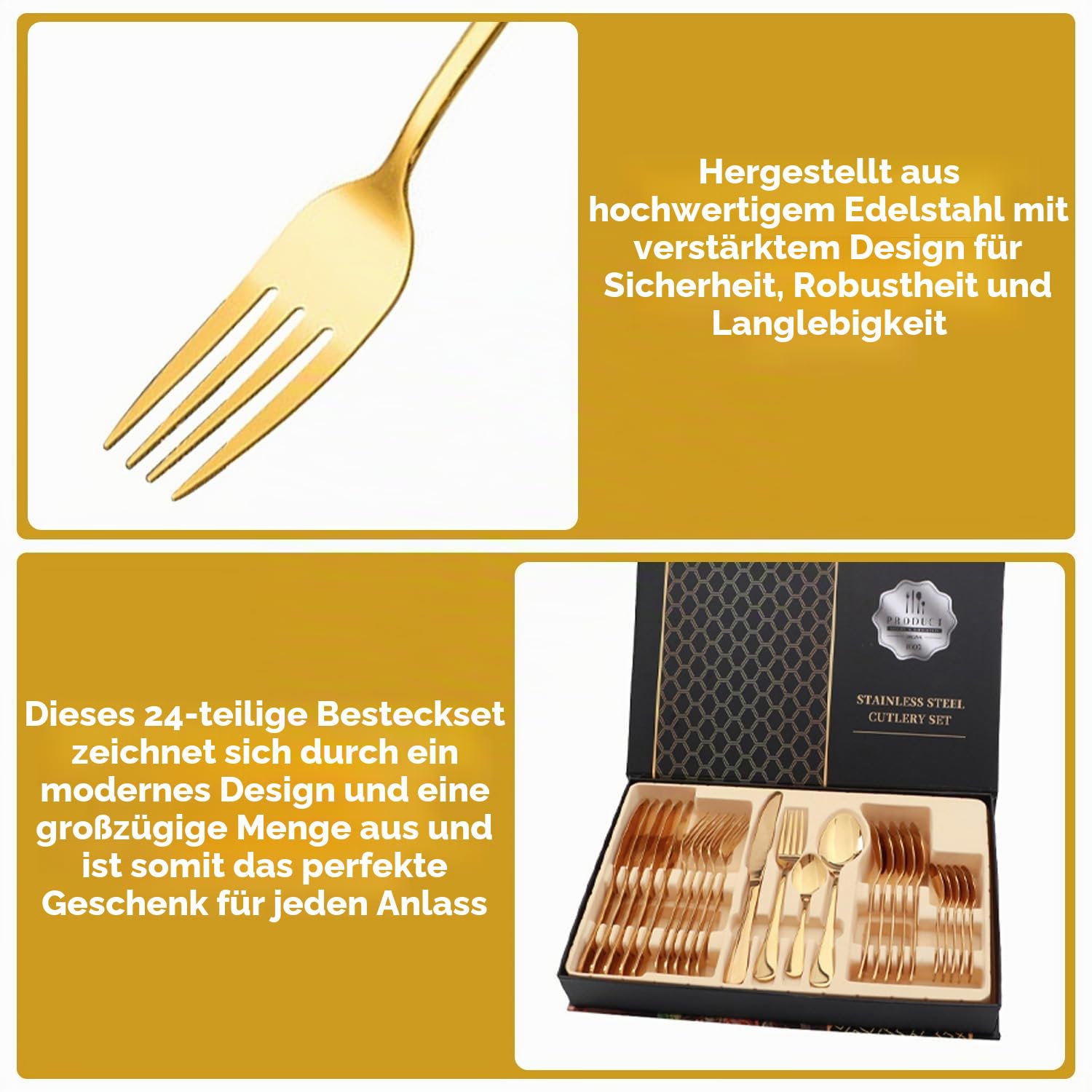 24 Teiliges Besteck Set, 38.9×25.8×5.2cm Besteck Geschenkset aus Edelstahl, Steakmesser Gabel Löffel Set mit Geschenkbox für Zuhause, Küche, Restaurant, Hochzeit(Gold)