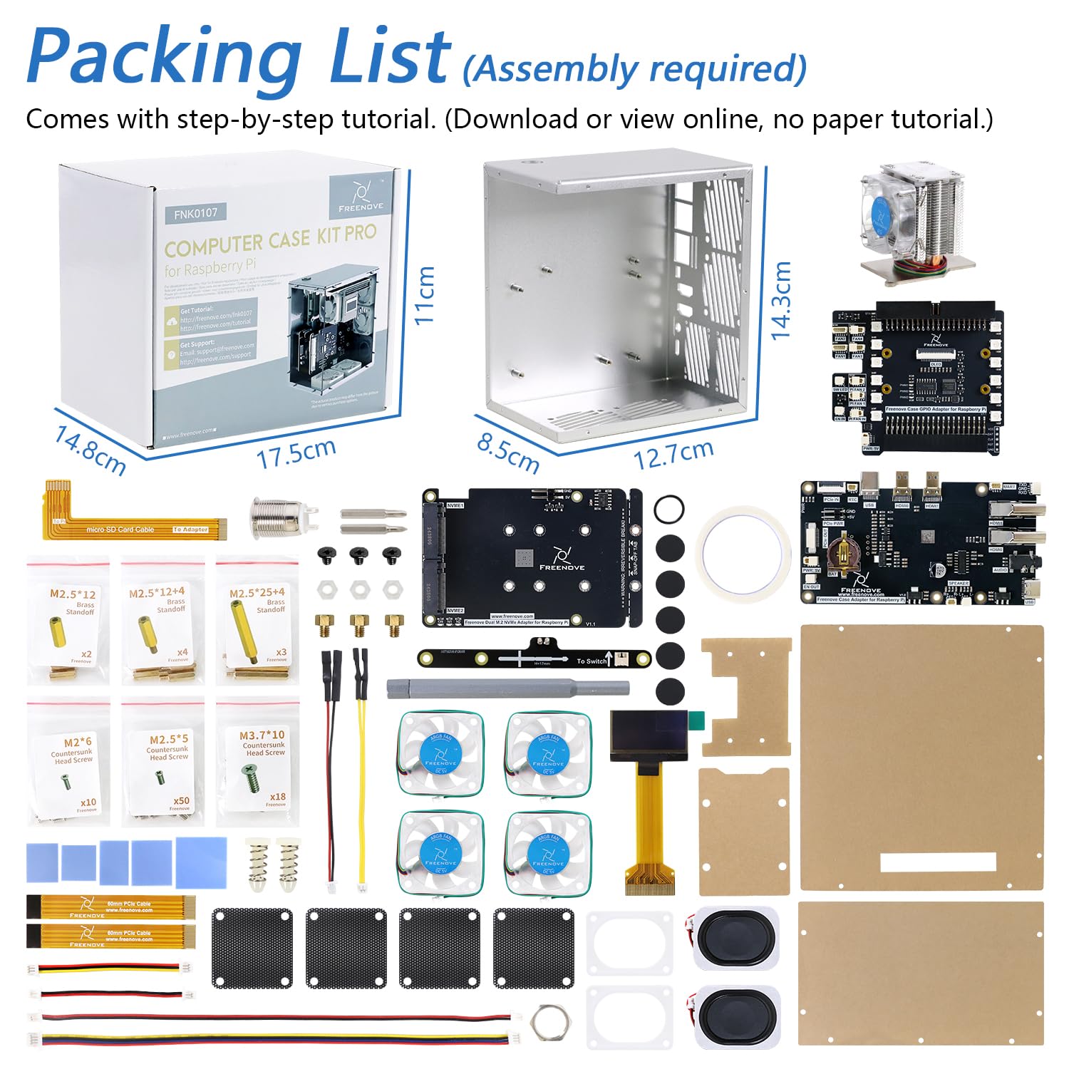 Freenove Raspberry Pi 5 Case Kit Pro, Dual M.2 NVMe SSD Slots, 5 PWM ARGB Fans Light Sync, CPU Tower Cooler, 0.96" OLED Screen, Stereo Speakers, 3.5 mm Audio (SSD NOT Included)