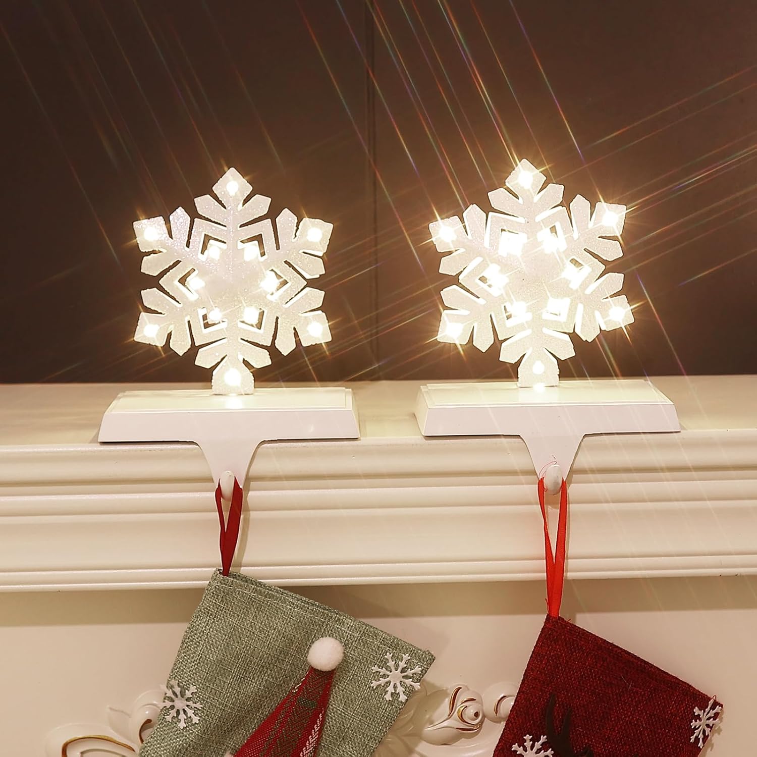 2 pcs Lighted Snowflake Christmas Stocking Holders for Mantel - LED Snowflake Stocking Holder Set - Christmas Stocking Hangers for Mantel - Metal Fireplace Hooks for Christmas Decorations