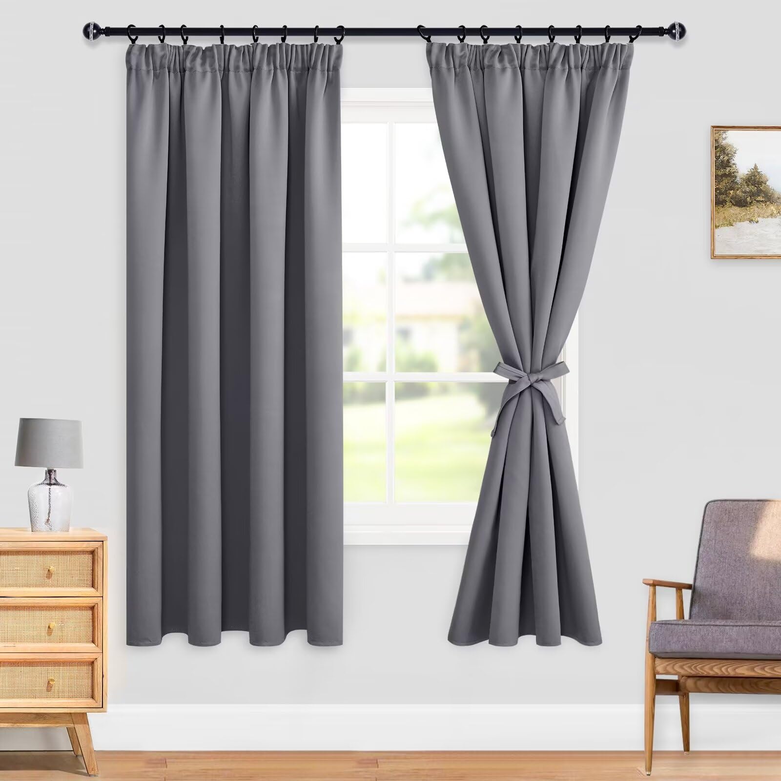 DWCN Rideau Occultant Galon Fronceur avec Cravates - Rideau Thermique Isolant Anti Froid et Chaleur, Rideaux pour Salon et Chambre, Gris, 140 x 200 cm