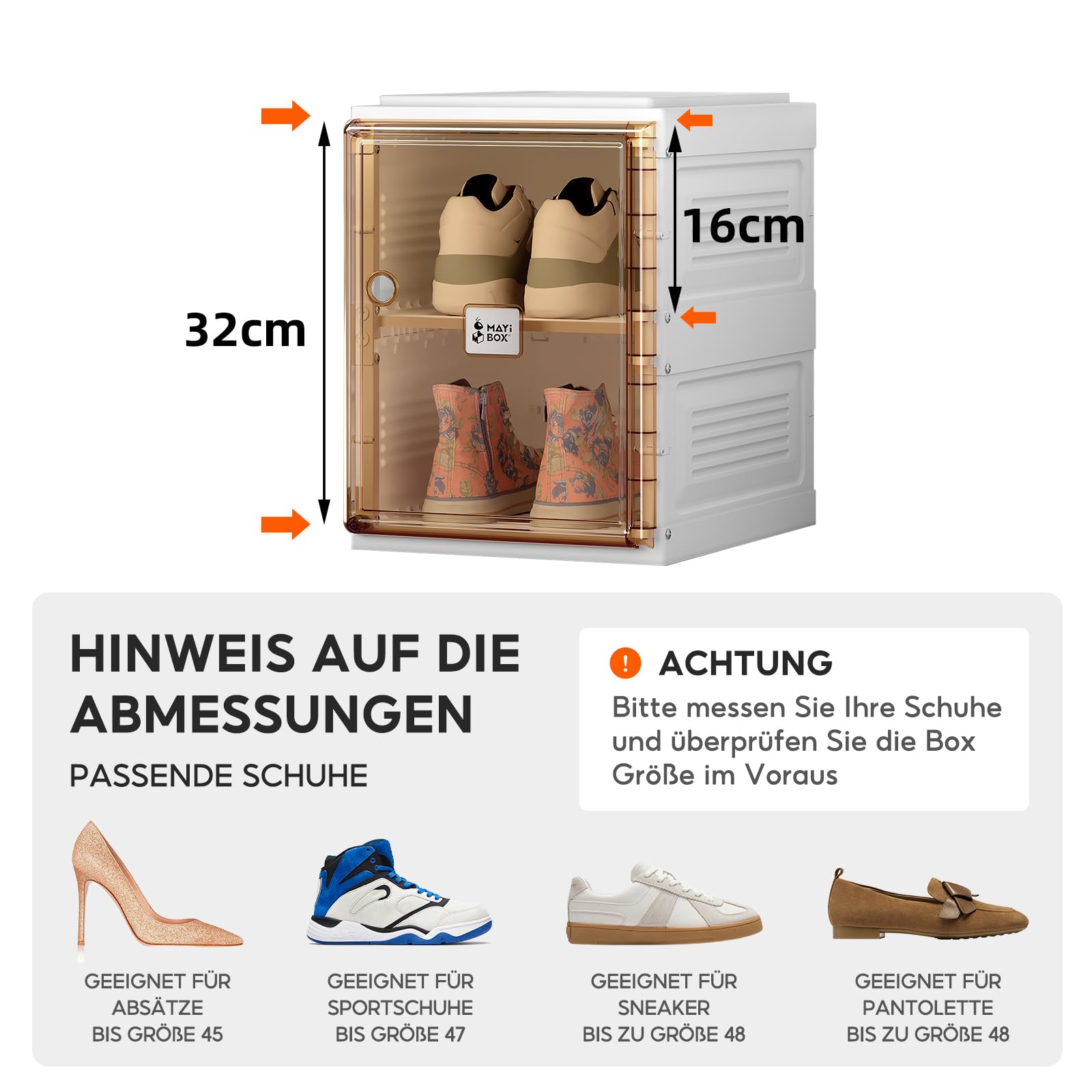 Transparente schuhregal,schuhboxen stapelbar Braun, mit magnetischer Tür, für Stöckelschuhe, Stiefeletten, Pumps