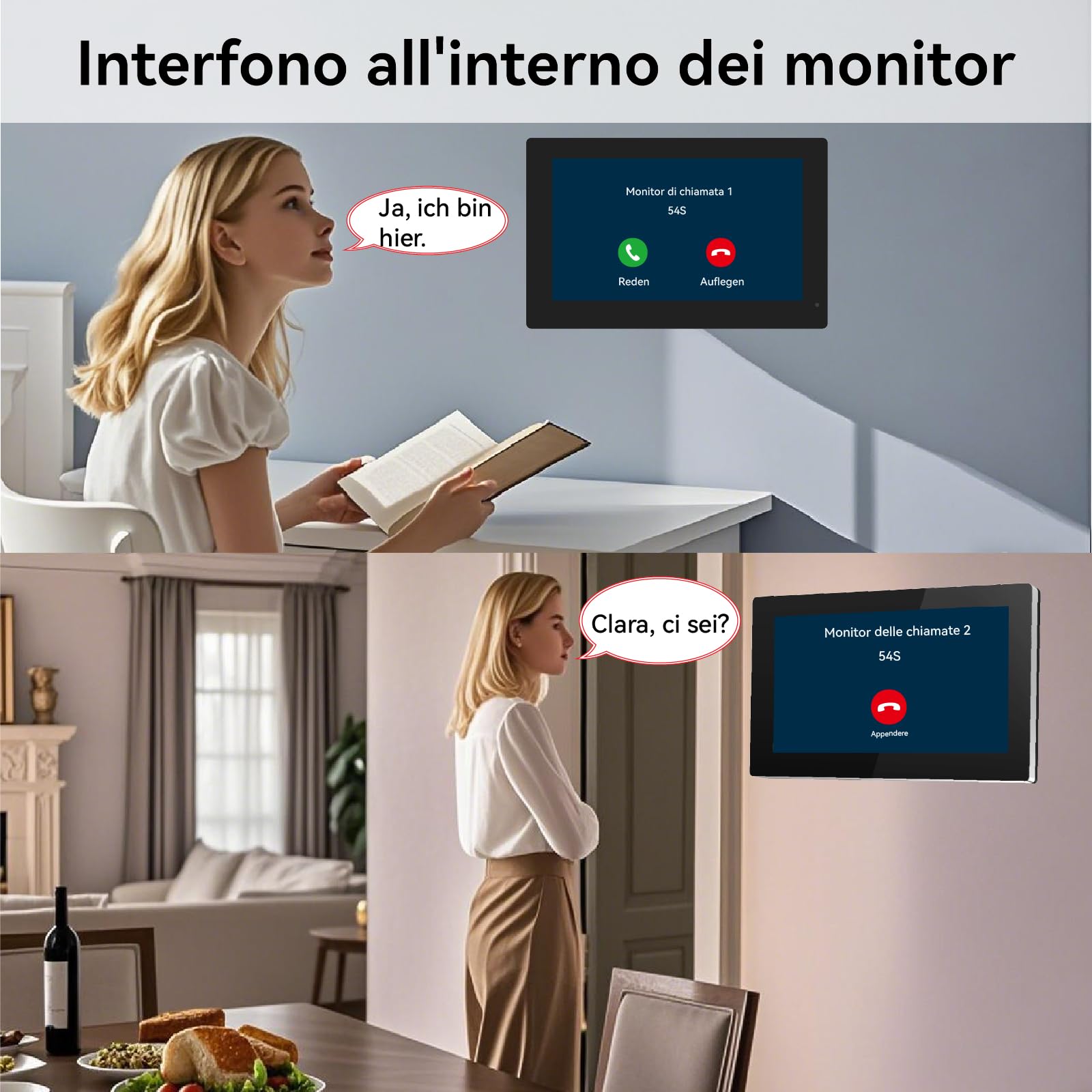 Sistema Videocitofonico Domestico Intelligente, videocitofono cablato con 2 Schermi da 7 pollici, Sblocco Remota, Audio Bidirezionale, RFID, visione notturna,per 2Famiglie