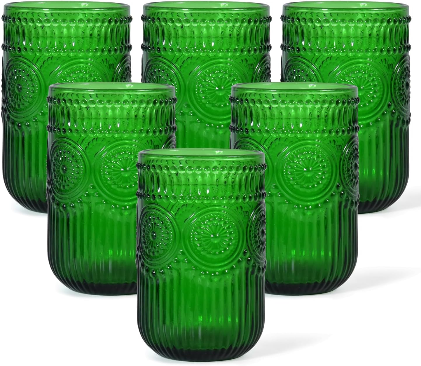 Christmas Green Vintage Wine Drinking Glasses Set of 6, 14 oz hobnail drinking glasses Glassware Embossed Green Water Tumbler for Beer, Juice, Cocktail, Whiskey, Milk - Thumbnail 2
