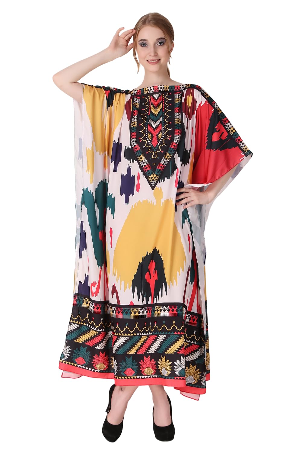 dressprinted Boat Neck Printed Crepe Maxi Length Long Kaftan Dress for Women Multicolor Freesize-picture-30
