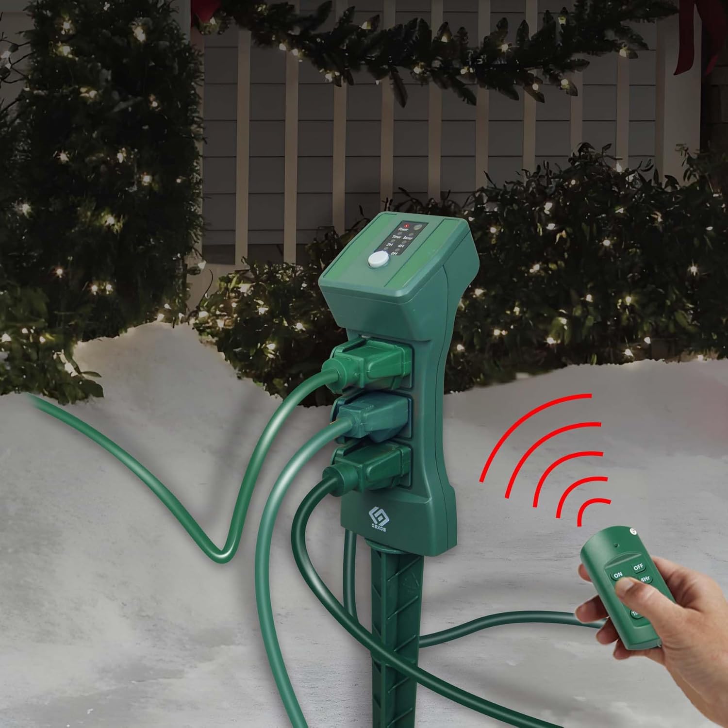 Outdoor Remote Control Power Stake with Photocell Timer 2/4/6/8 Hour Countdown, Dusk to Dawn, 3 Grounded Outlets 6FT Cord, UL Listed, Green