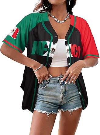 Mexico Jersey for Women Mexican Button Down Tops Mexico Graphic Tee Shirts Mexican Flag Sports Jerseys