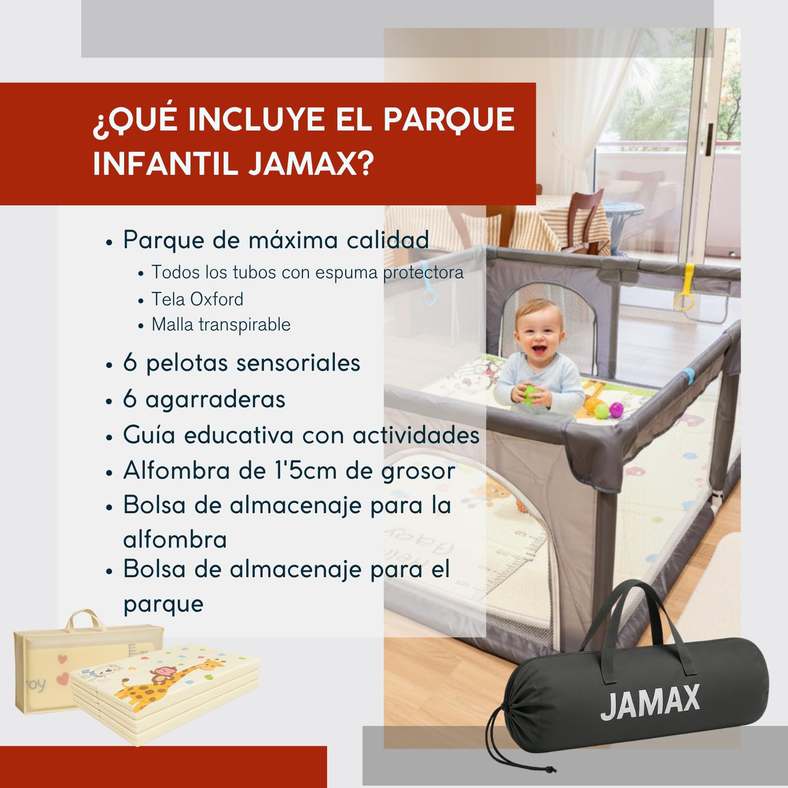 JAMAX Parque Infantil Bebe 150x180 | Corralito bebe | Parque bebe Alfombra Acolchada Reversible 1,5 cm de Grosor + 6 Pelotas Sensoriales +6 Agarraderas + Bolsa transporte (150 x 180)