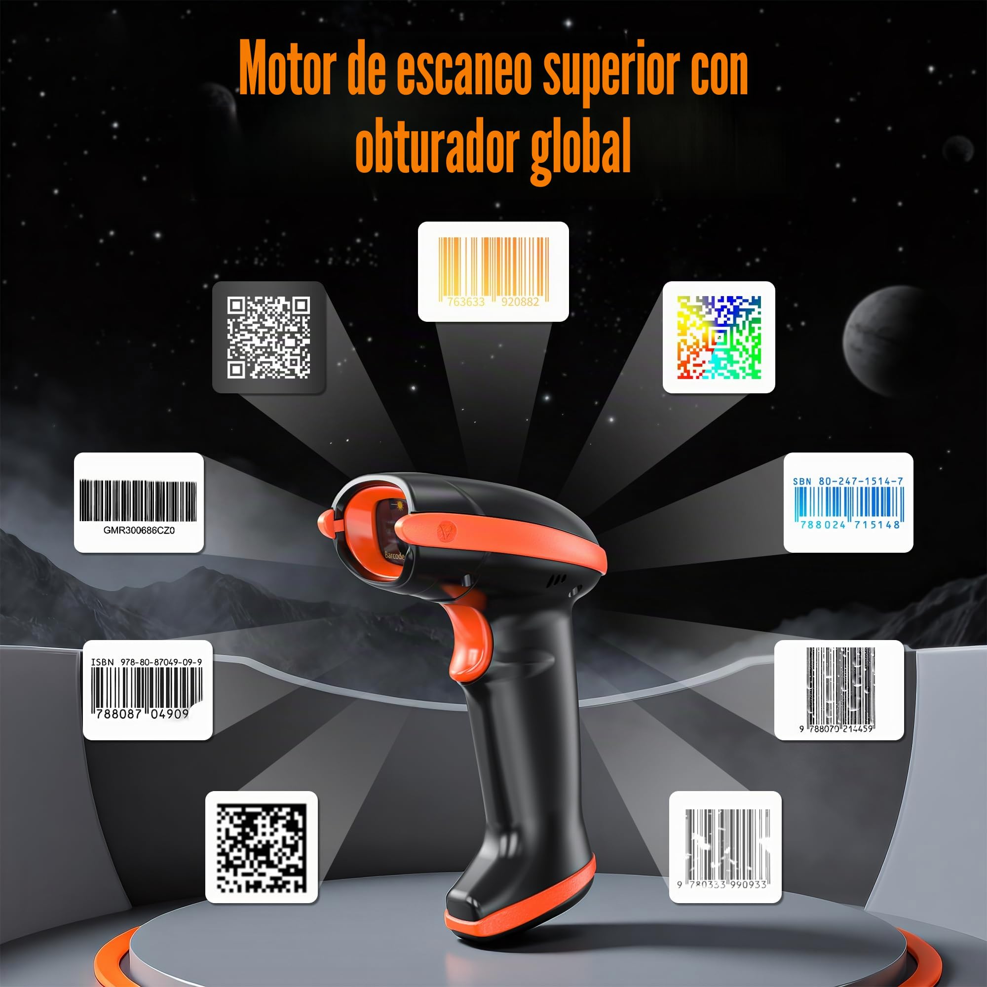 Tera Escáner de código de Barras con Sensor de Imagen de píxeles Altos 2D 1D QR Inalámbrico 2.4 GHz + Cable USB con estación de Carga y Contador Escáner de Imagen Digital HW0008