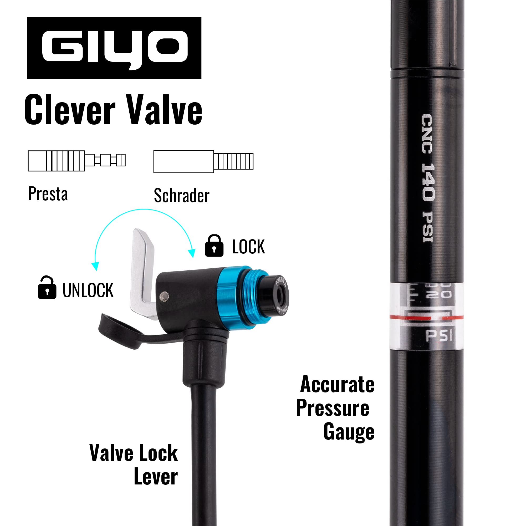 GIYO GM741 Hochpräzise Fahrradpumpe mit Manometer – Tragbare Standpumpe, langlebig & leicht für Mountainbikes & Rennräder, 140 PSI, universelle Ventilkompatibilität