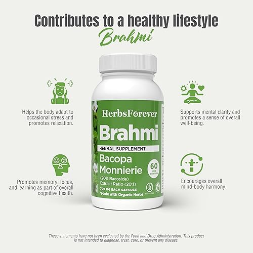 Miniatura 5 de Cápsulas Brahmi  Bacopa Monnieri  Bacoside 30% a 35%  Suplemento para aliviar el estrés  60 cápsulas vegetales  800 mg cada uno
