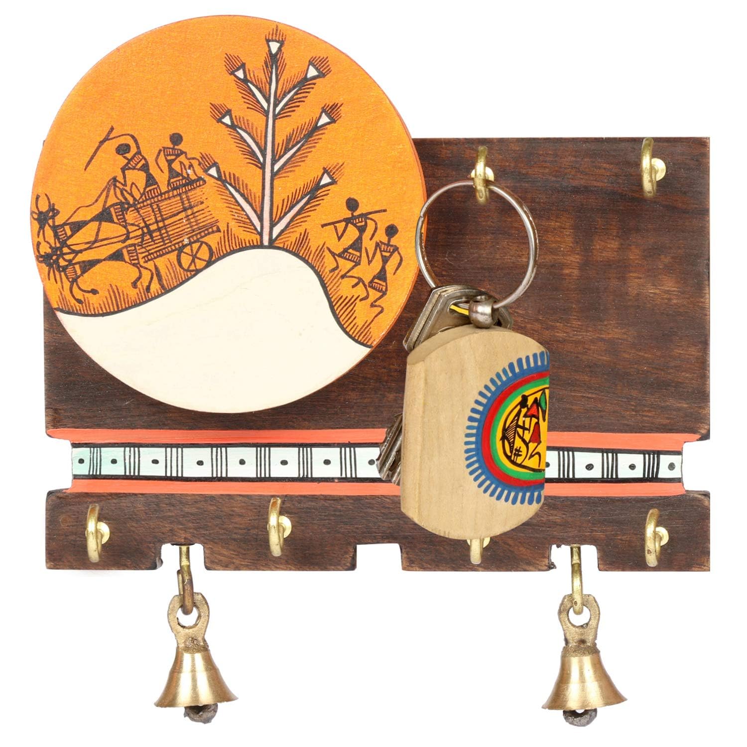 Artysta 'Warli Slab' Wooden Key Holder | Wall Mounted Key Chain Holder | Key Organizer | Handmade Painted Key Hanger | Home Decor Gifts | 6 Key Hooks| (Multicolor) - Image 2 thumbnail