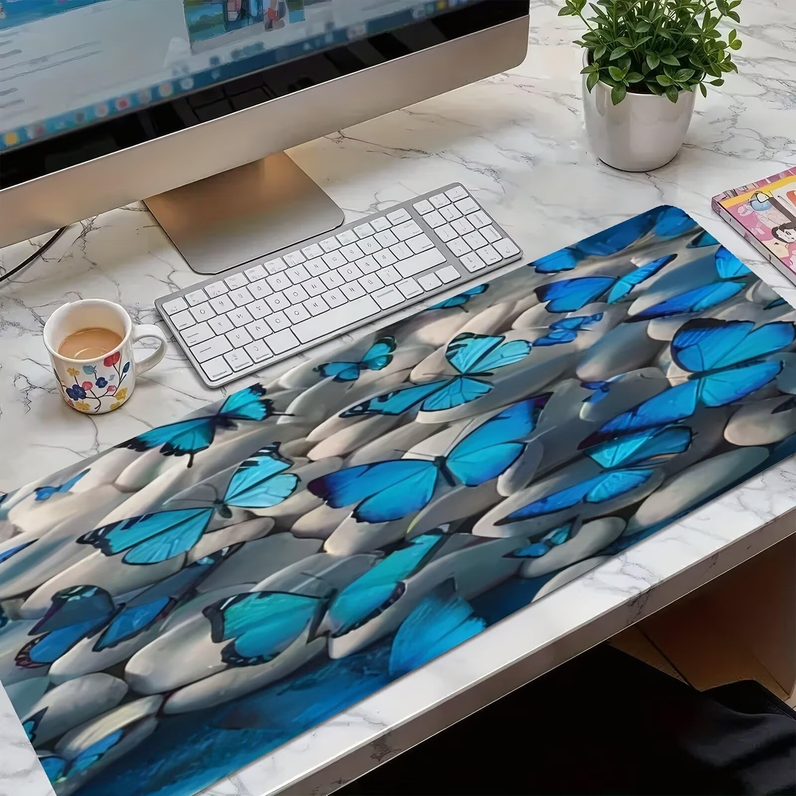 Alfombrilla de Ratón XXL 1000x500x3mm, Alfombrilla de Escritorio Grande Mariposa Azul Guijarros, Mouse Pad Gaming Antideslizante con Bordes Cosidos para Teclado, PC y Oficina