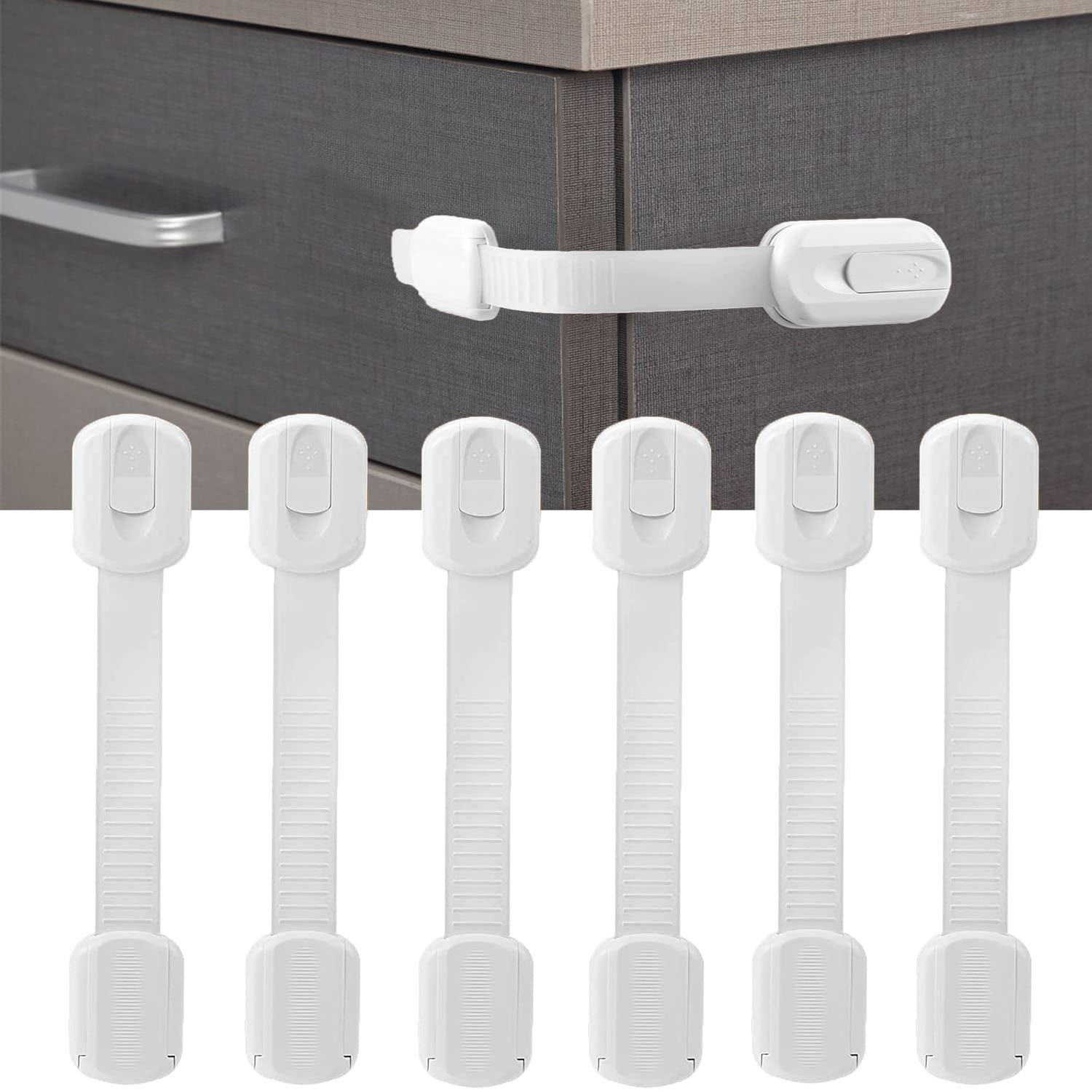 WIIJTAO Child Safety Strap Locks,Pack of 6 Adjustable Baby Proofing Cabinet Strap Locks with Strong Adhesives for Fridge, Cabinets, Drawers, Dishwasher, Toilet - No Tools Needed No Drilling