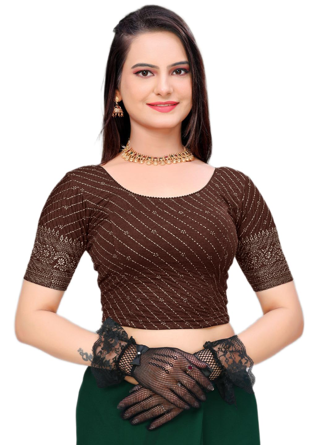 Women's Regular Fit Readymade Stretchy Elbow Length Foil Work Saree Blouse-image-41