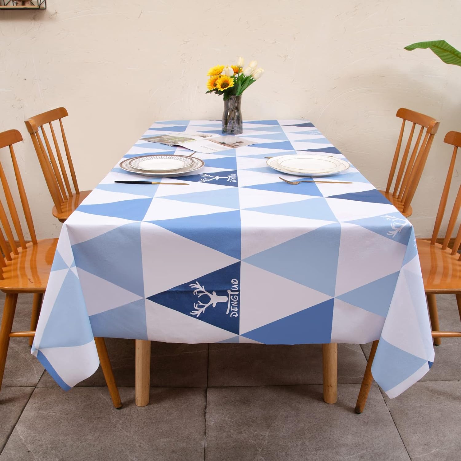 VIVILINEN Tablecloth Wipeable PVC Plastic Table Cloth Triangular Grid