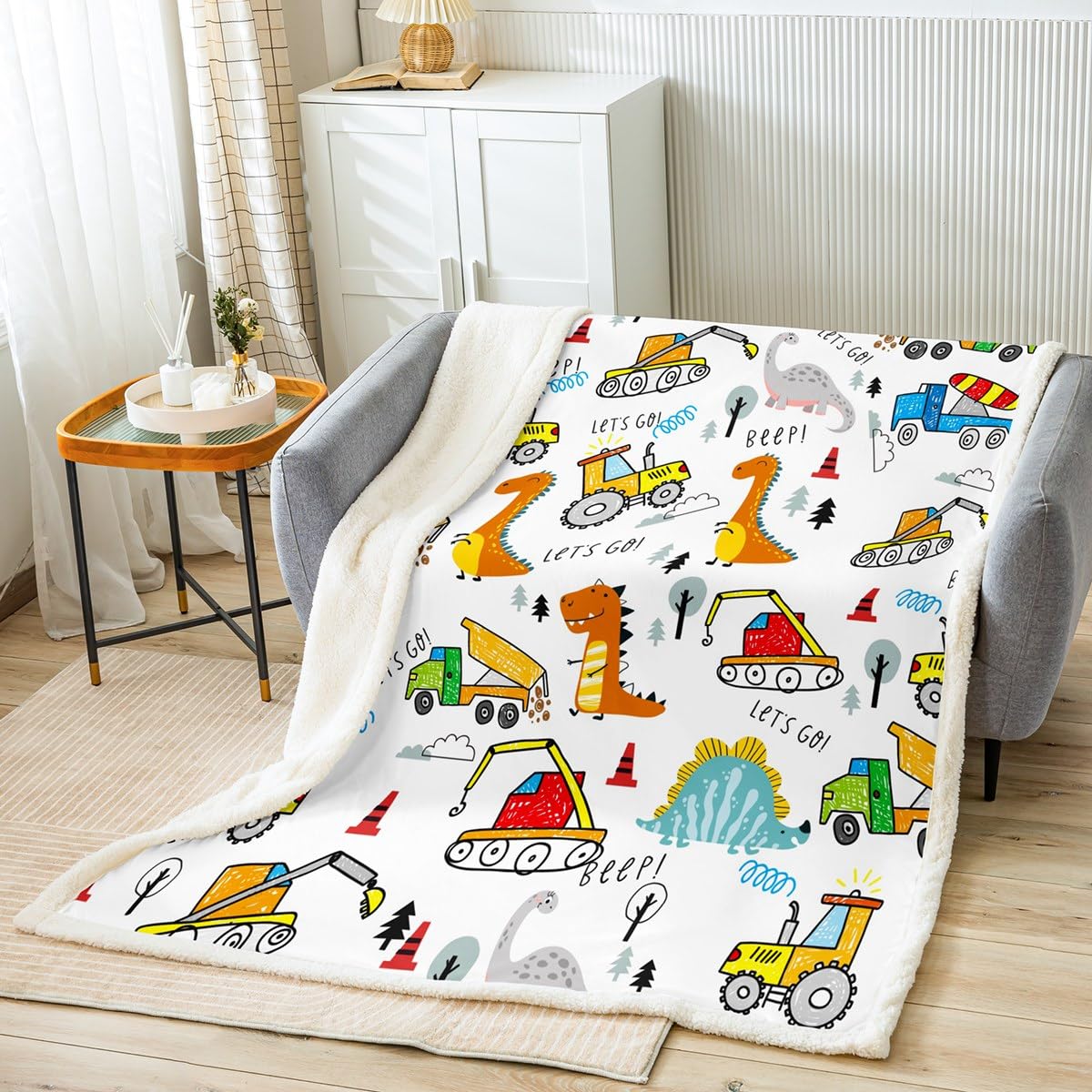 Dino Tractor Fleece Throw Blanket Cartoon Car Sherpa Blanket for Kids Boys Girls Excavator Construction Plush Blanket Construction Site Cars Fuzzy Blanket