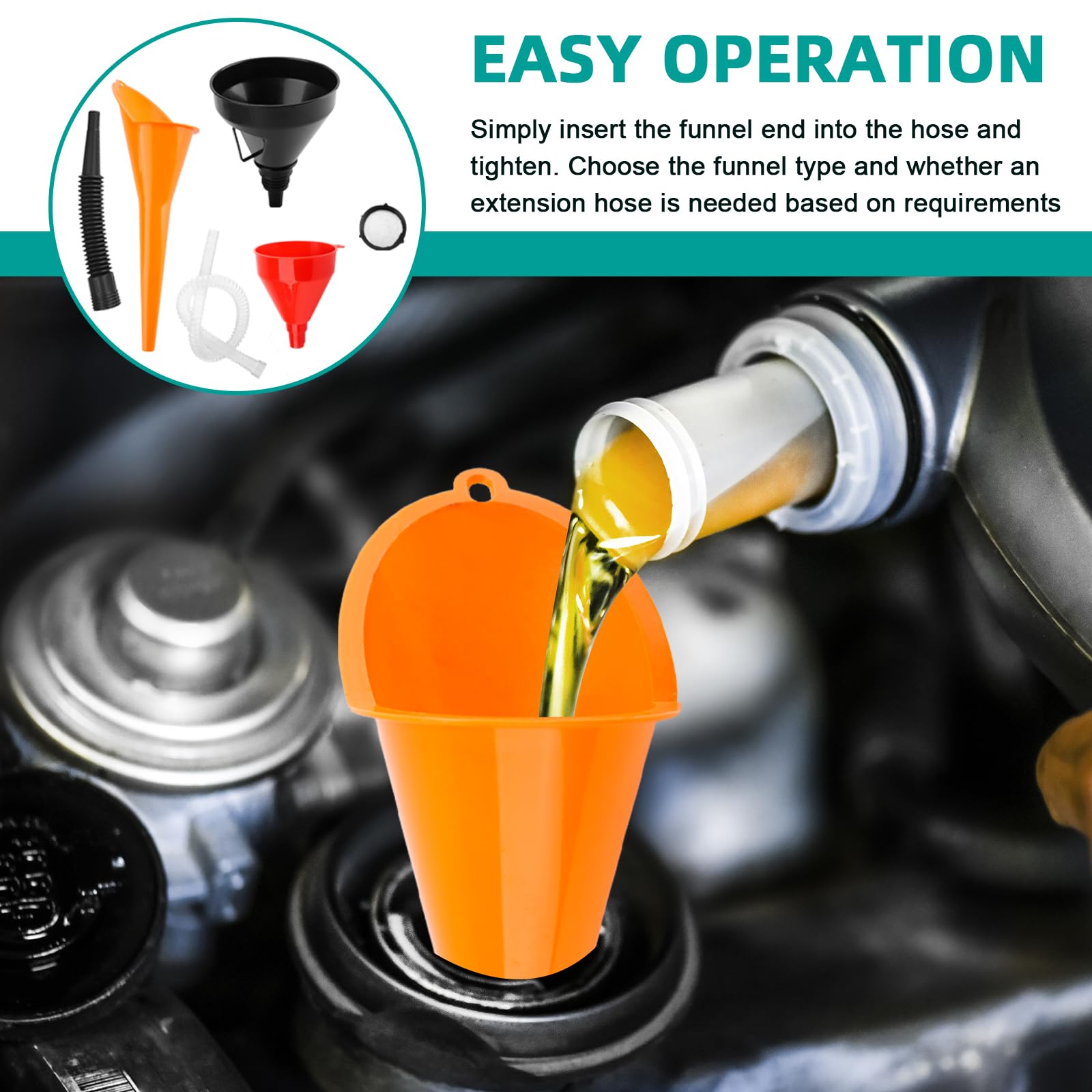 3Pcs Flexible Plastic Funnel Set,Wide Mouth Fuel Funnels,Flexible Right Angle Funnels with Detachable Spout and Filter,Long Mouth Funnel for Car, Motorcycle & Kitchen Gasoline Petrol Engine - 5