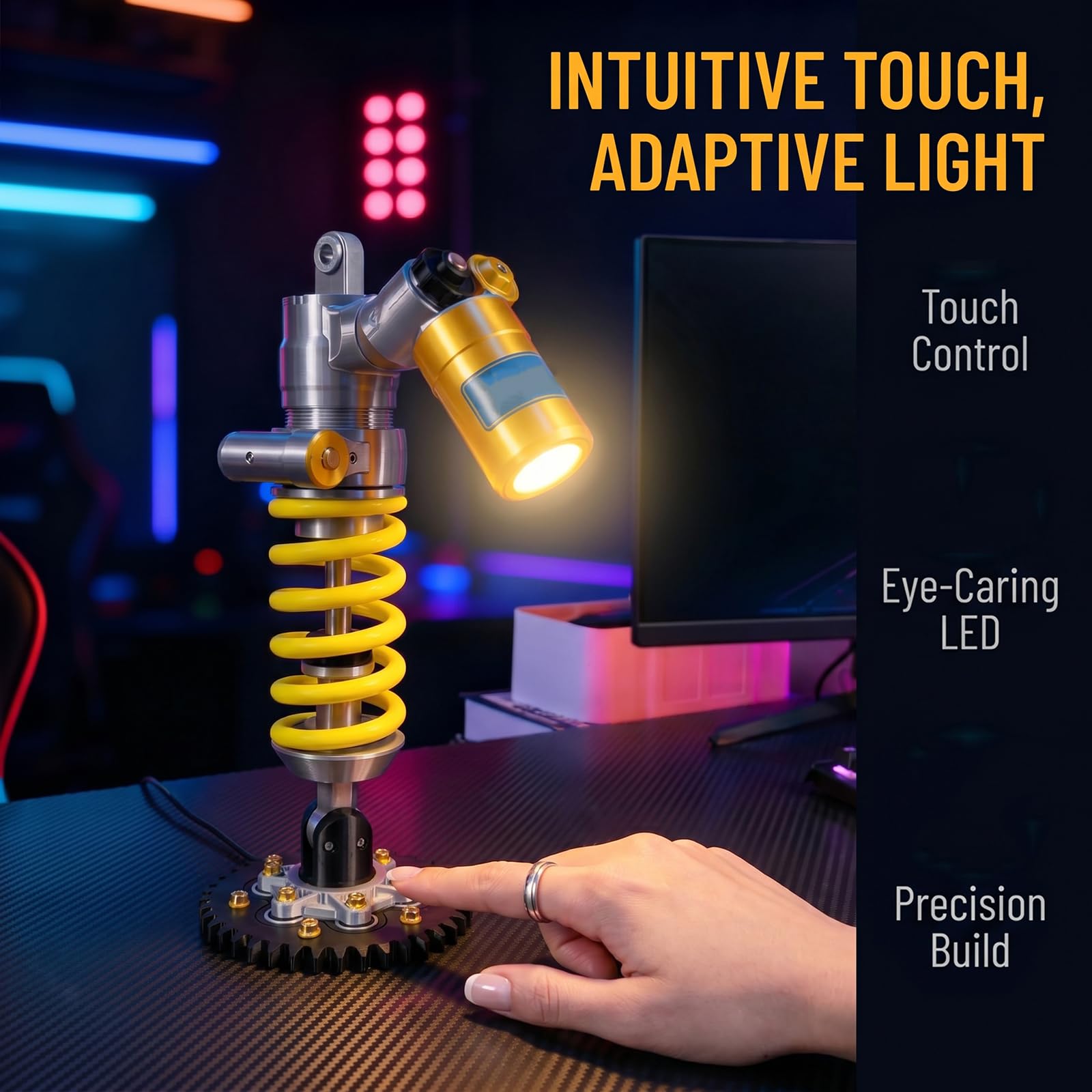 Lampada da tavolo con coilover stampata in 3D, luce LED dimmerabile al tatto, luce decorativa ricaricabile per sala giochi e garage, design unico per gli appassionati di auto