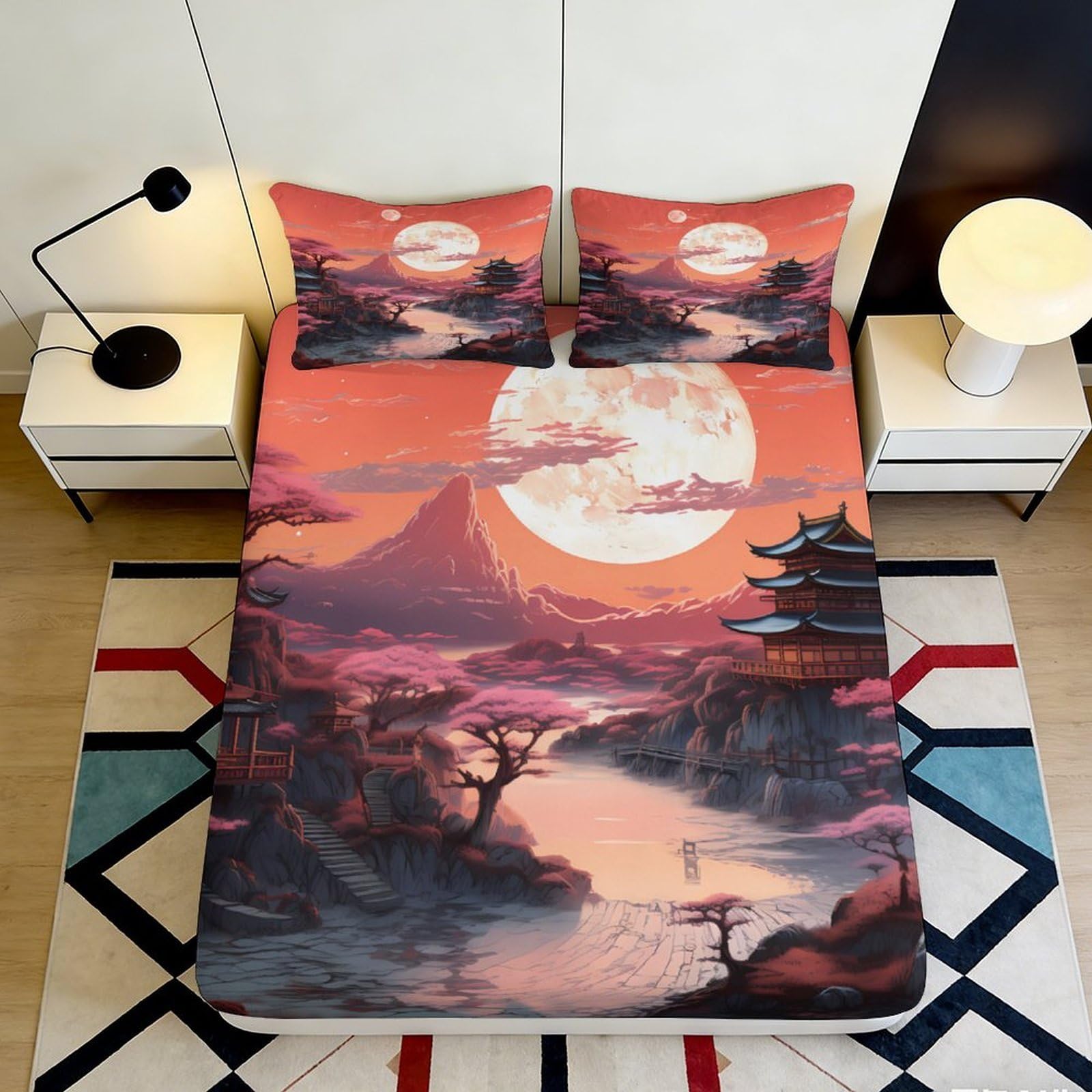 3D Printed Sunset Landscape Fitted Sheet Microfiber Deep Pocket Non-Slip Sunset Mattress Fitted Cover Bedroom Bedding 200x200x25cm