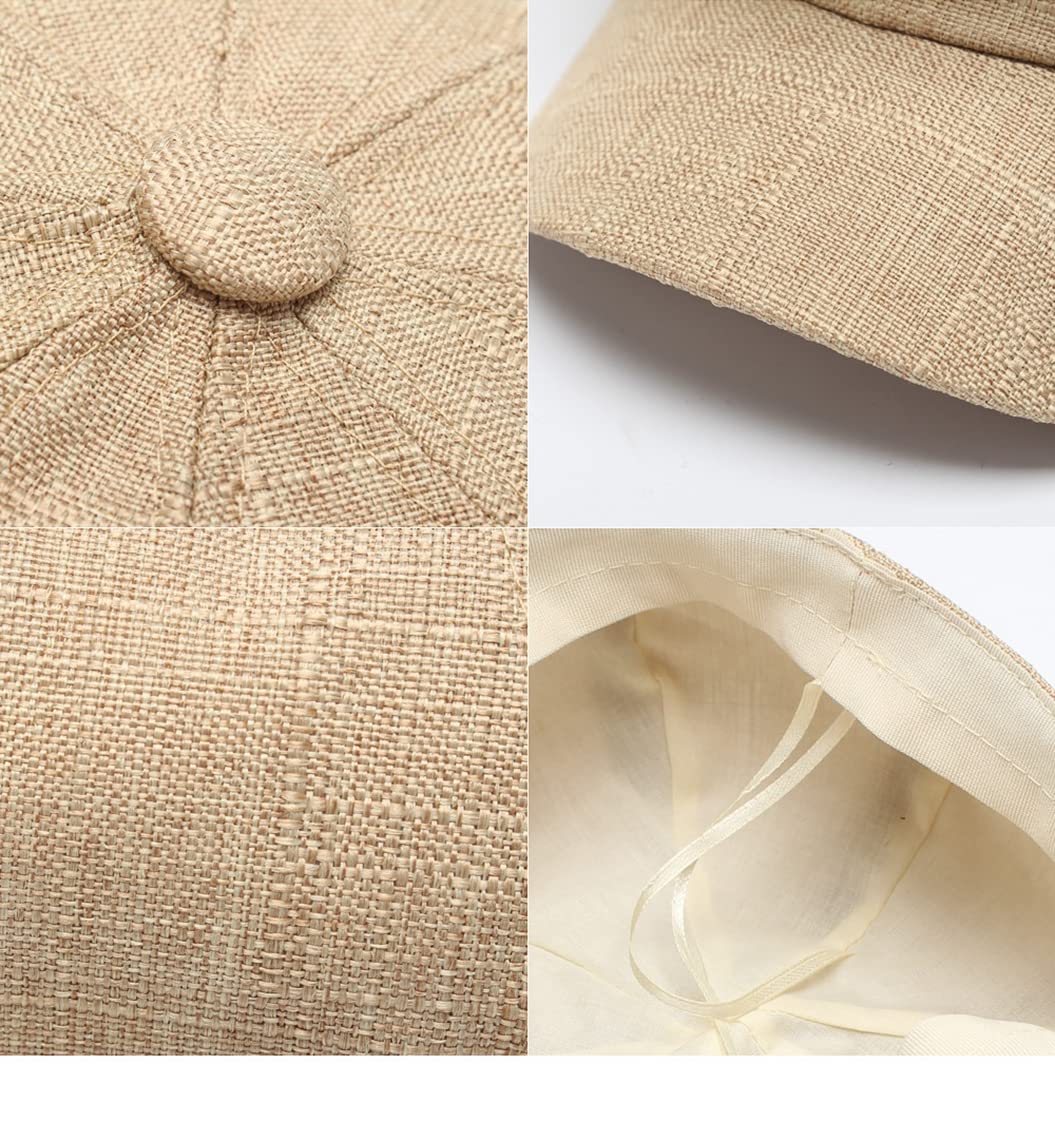 BRU-URB Linen Cotton Newsboy Cap Women Men French Painter Hat Ladies Spring Summer Beret Hat Fashion Octagonal Sun Cap Khaki, 6 7/8-7 3/8