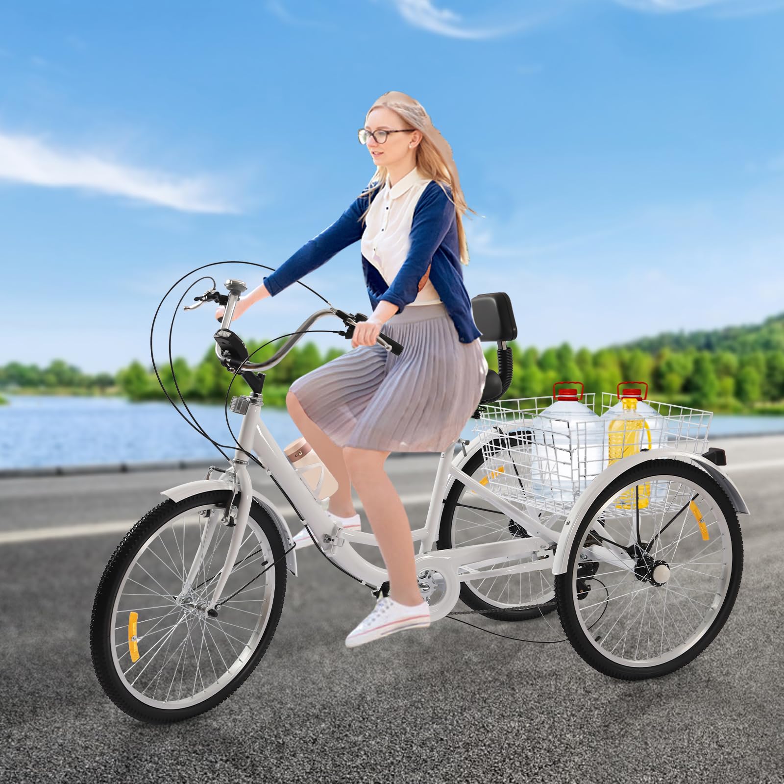 24 Inch Dreirad für Erwachsene, Klappbar Kohlenstoffstahl 3-Rad Fahrrad 7 Gang Adult Fahrrad mit GeträNkehalter und Led Lichter Verstellbarer Sitz Eignet für Erwachsene Verwenden