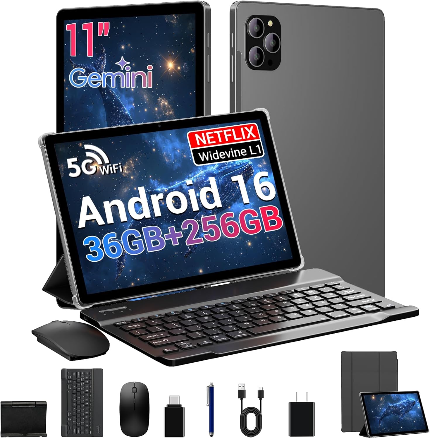 11 Inch Tablet Android 16 Tablet with Gemini AI, 2K FHD Display Tablets, 36GB RAM 256GB ROM, Octa-Core T615, 2-in-1 with Keyboard, 8000mAh,5G WiFi&16MP Camera, Widevine L1 for Stream Gray