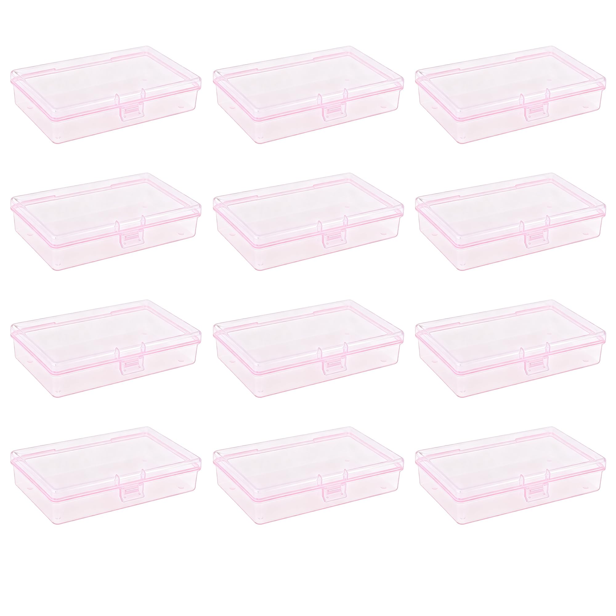 LJY 12 Pieces Rectangular Empty Mini Clear Plastic Organizer Storage Box Containers with Hinged Lids (5.3 x 3.1 x 1.2 inch, Pink)