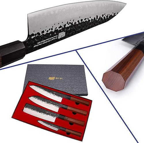 Miniatura 2 de FINDKING Juego de cuchillos de cocina de 4 piezas en uno con bloque magnético de madera de teca, serie Dynasty, 3 capas, 9CR18MOV, acero revestido