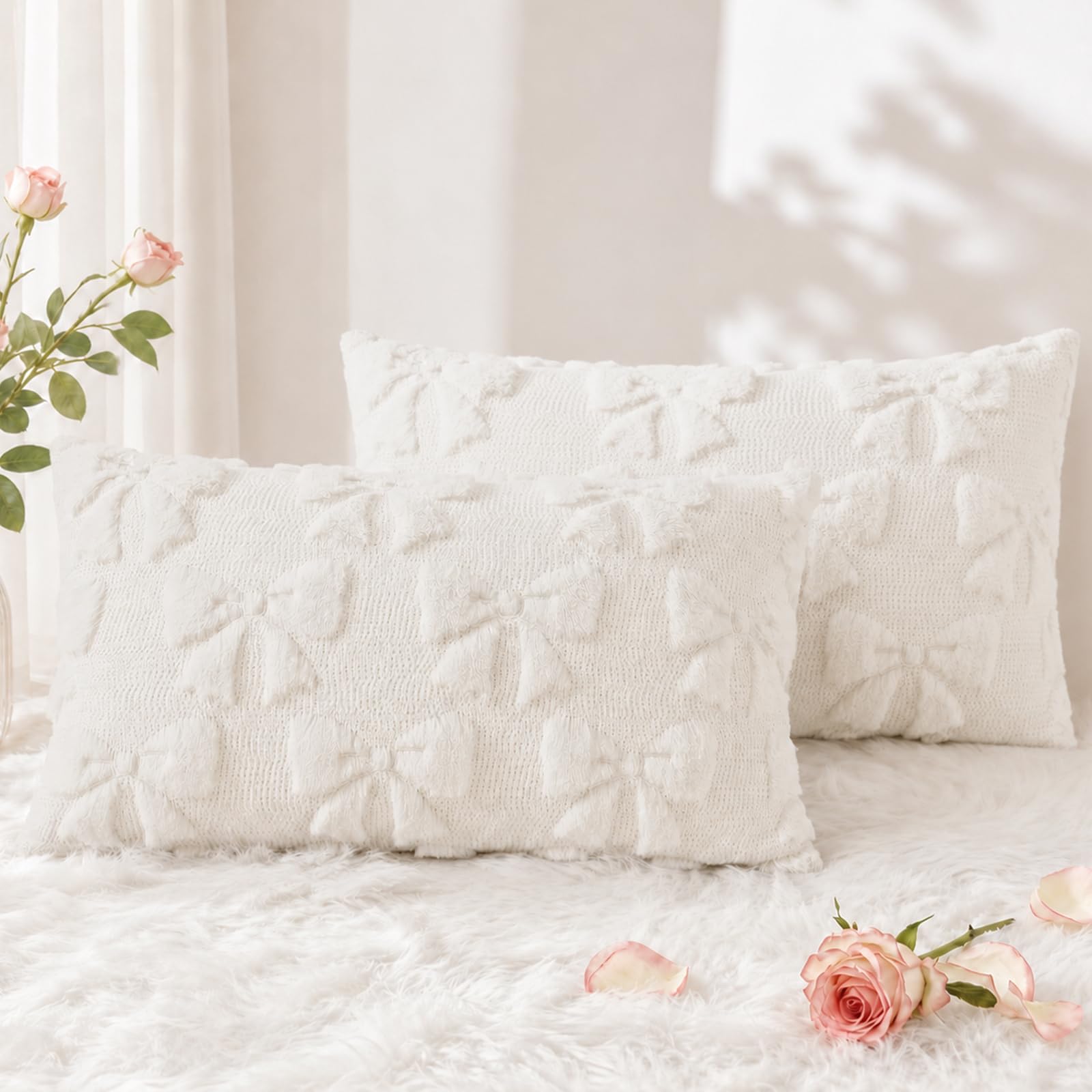 decorUhome Cream White Bow Faux Fur Throw Pillow Covers 12x20 Set of 2
