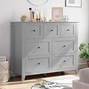 GarveeHome Grey 7 Chest of Drawer Dresser, Modern Storage Cabinet, Wood Organizer TV Stand for 48 inch TV, Bedroom, Living Room, Entryway