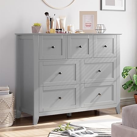 GarveeHome Grey 7 Chest of Drawer Dresser, Modern Storage Cabinet, Wood Organizer TV Stand for 48 inch TV, Bedroom, Living Room, Entryway