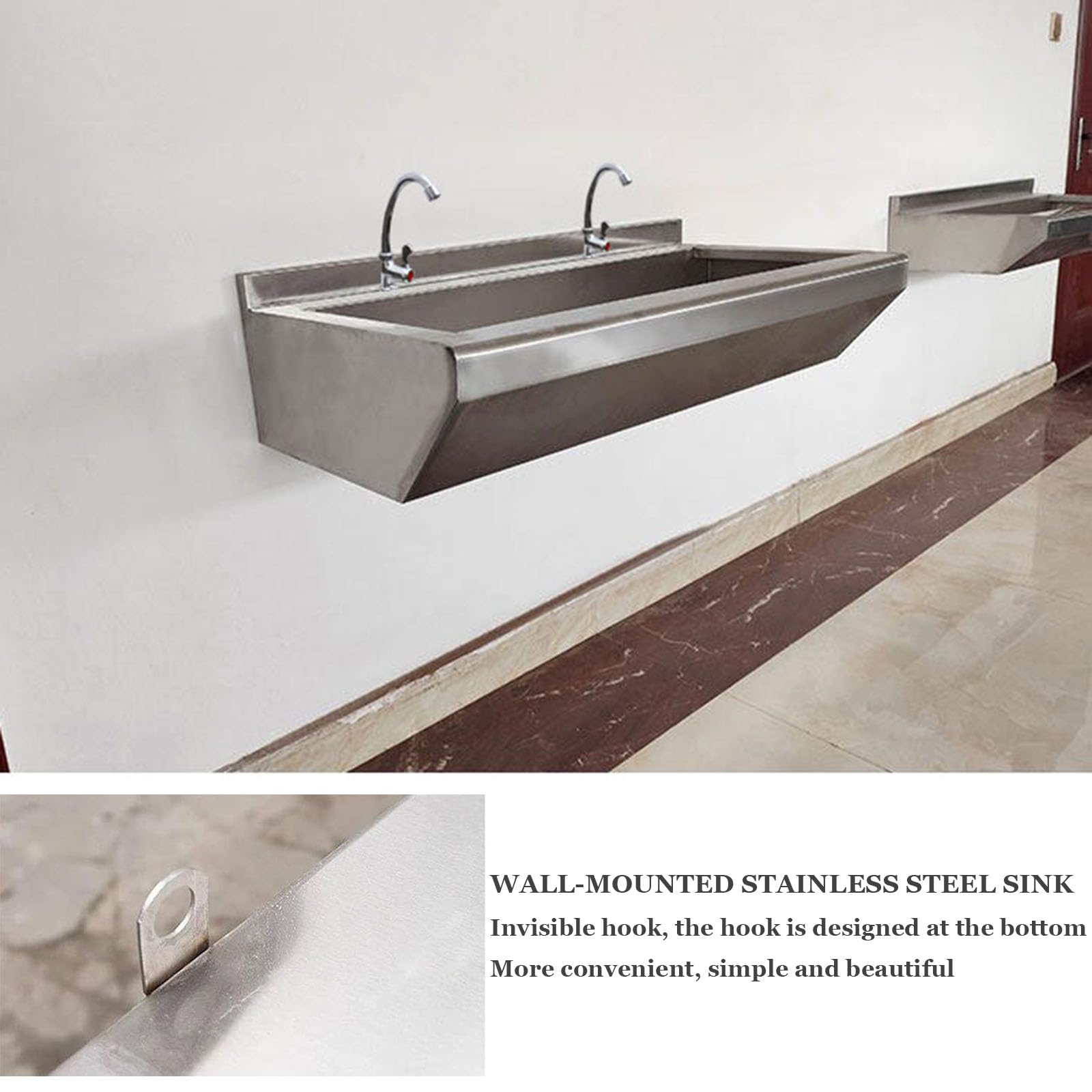 Lavabo comercial de acero inoxidable para montaje en pared,Lavabo tipo canaleta de alta resistencia,Lavabo alargado de uso colectivo,Lavabo multiestación de uso general para restaurantes, escuelas