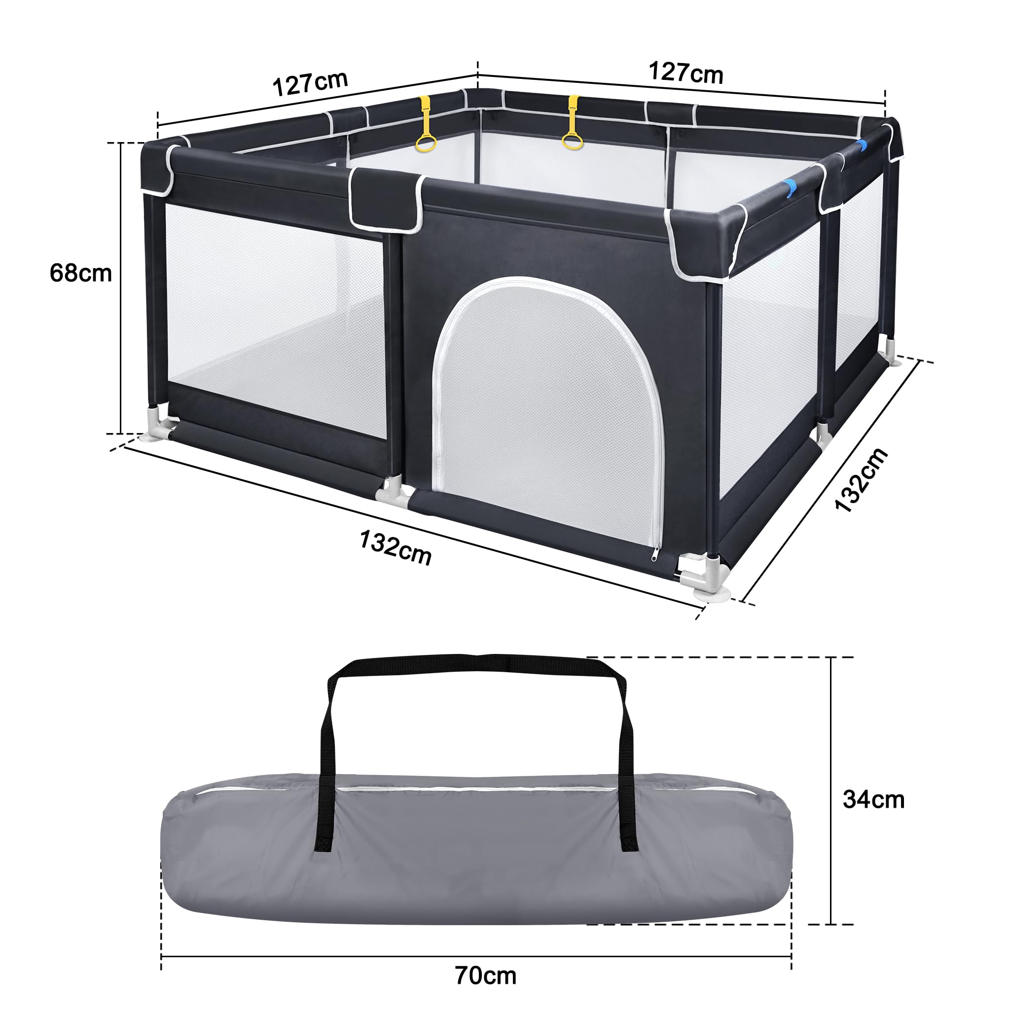 FIVMEN Box per bambini, 127 x 127 cm, con 50 palline, rete traspirante e 4 anelli, centro attività, griglia di protezione, colore: nero