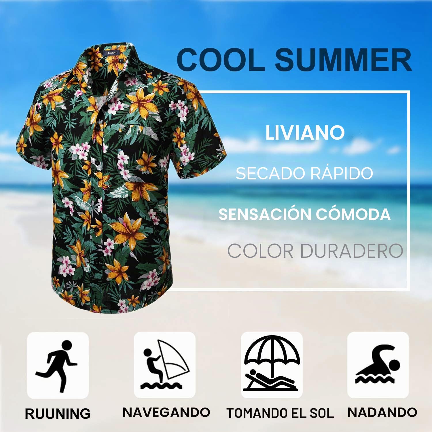 HISDERN Camisa Aloha Hawaiana Manga Corta Bolsillo Delantero Impreso Playa S-2XL