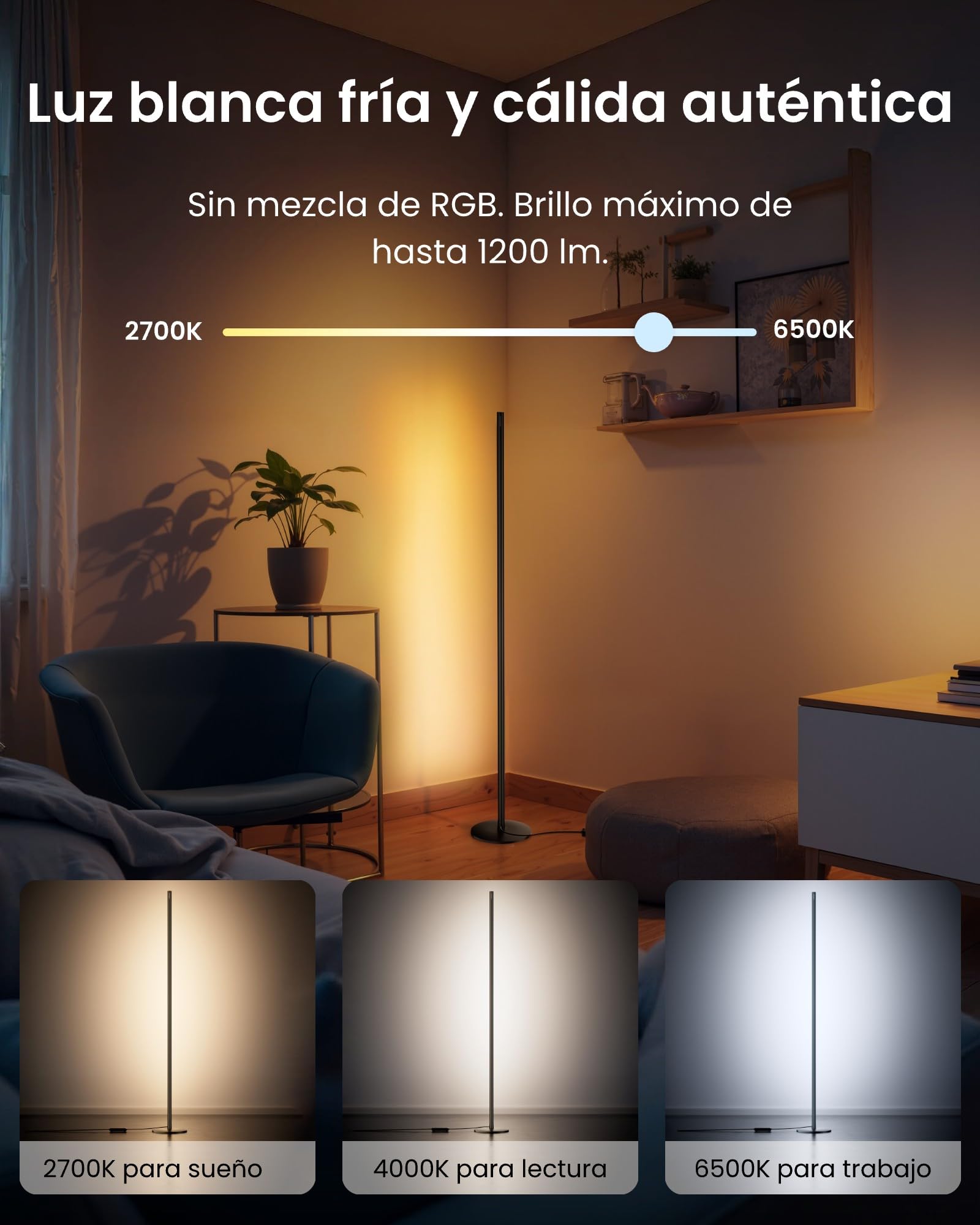 SwitchBot Matter RGBICWW Lampara de Pie, Blanco Cálido & Frío, Lámpara de Pie LED compatible con Apple Home, Alexa, Google Home, 16 Millones Colores, 1200lm, Sincronización de Música, Modos de Escena