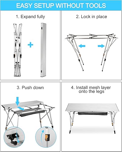 Miniatura 4 de FiveJoy Mesa de campamento plegable portátil para exteriores, mesa de campamento de picnic con patas de aluminio, altura ajustable, mesa enrollable