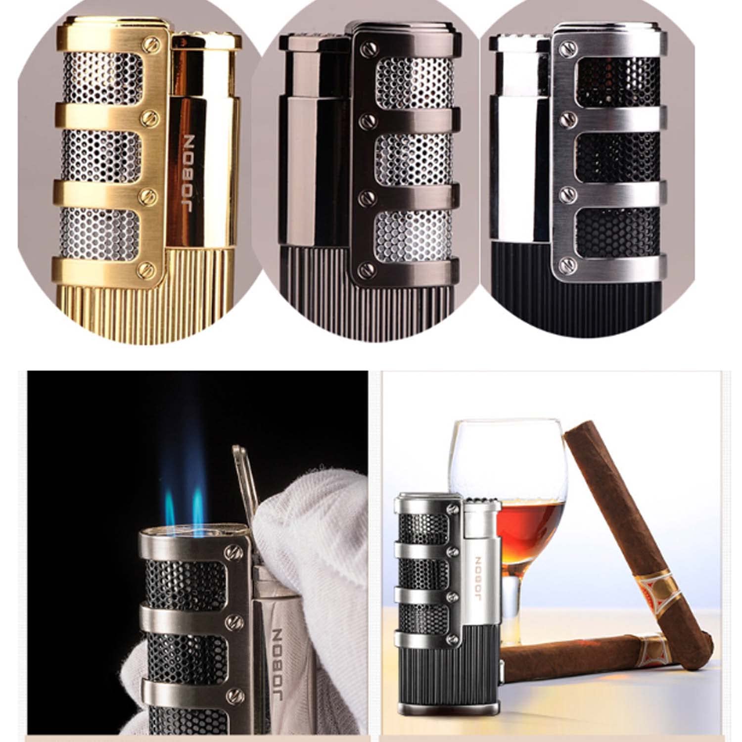 Paquet de 4 Briquets Torche Triple Jet Coupe-Vent Réglable avec Cigare Punch Gadgets Rechargeables pour Hommes Idées Cadeaux, Vente en Gros