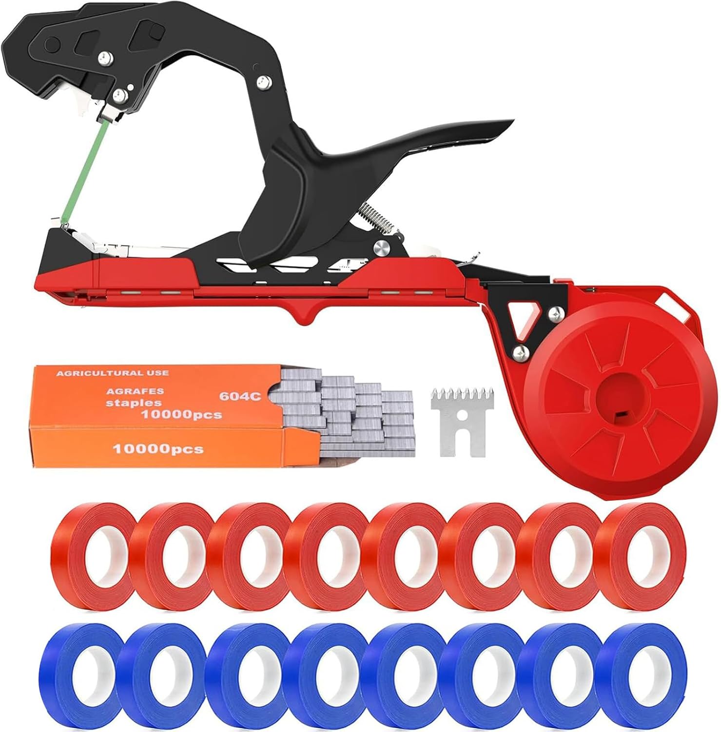 Upgraded Plant Tying Machine, Plant Tying Tape Tool to Tie Up Vine Quickly for Climbing Plants Grapes Raspberries Tomatoes and Vining Vegetables Flowers Garden Tape Tool with Tapes Staples (Red)