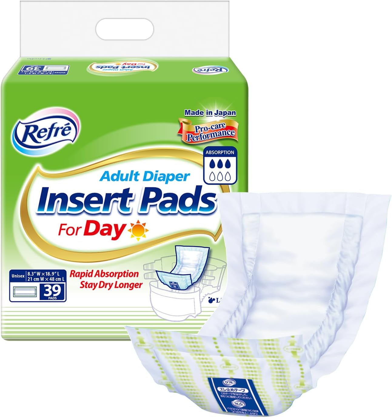 Refré Adult Diaper Insert Pads for Day - Unisex Booster Liners for Tabbed Briefs with Odor Control & Leak Protection - 450cc Absorbent Incontinence Pads, 8.3"x18.9" (39 Count)