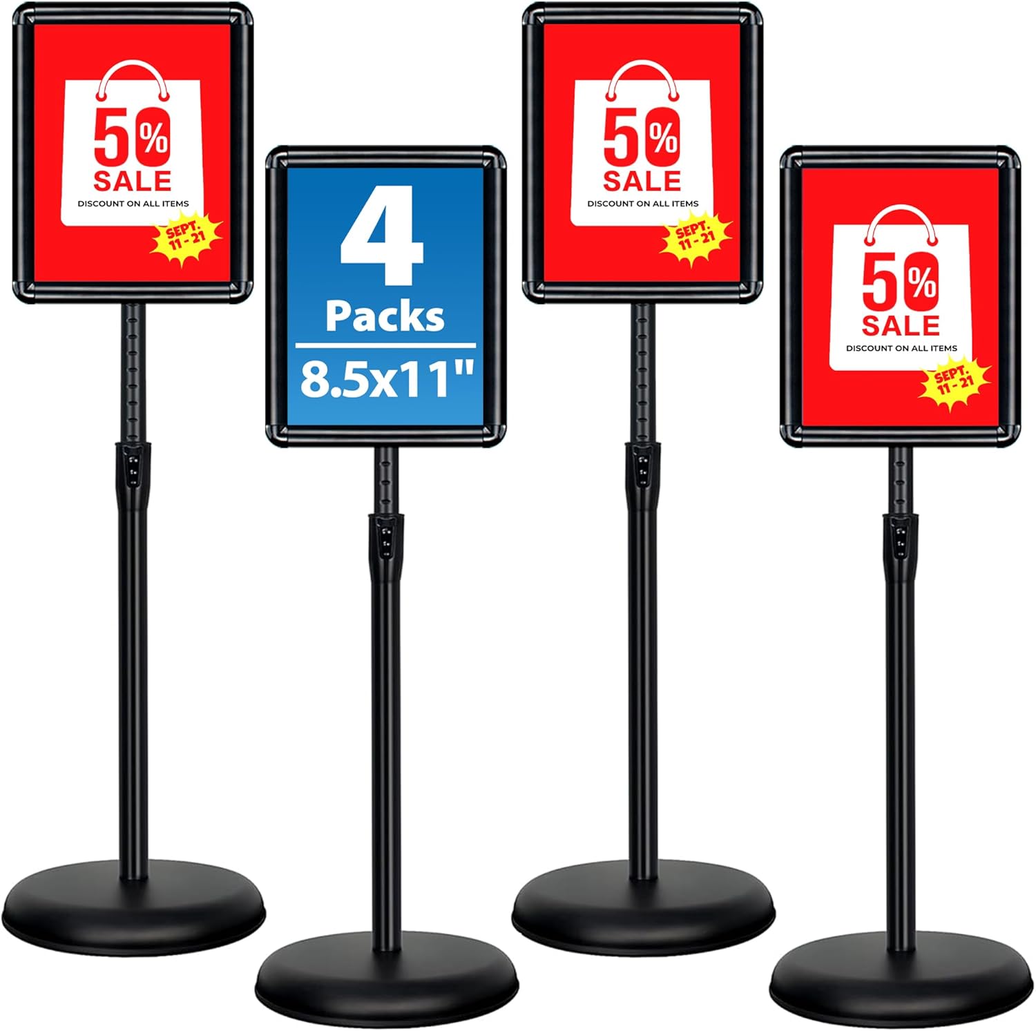 4 Packs 8.5x11 Inch Sign Stand - Adjustable Floor Standing Sign Holder, Pedestal Poster Stand for Vertical & Horizontal Display, Outdoor & Indoor Use for Business & Store Signage - Black Black 8.5"x11"-4Pack