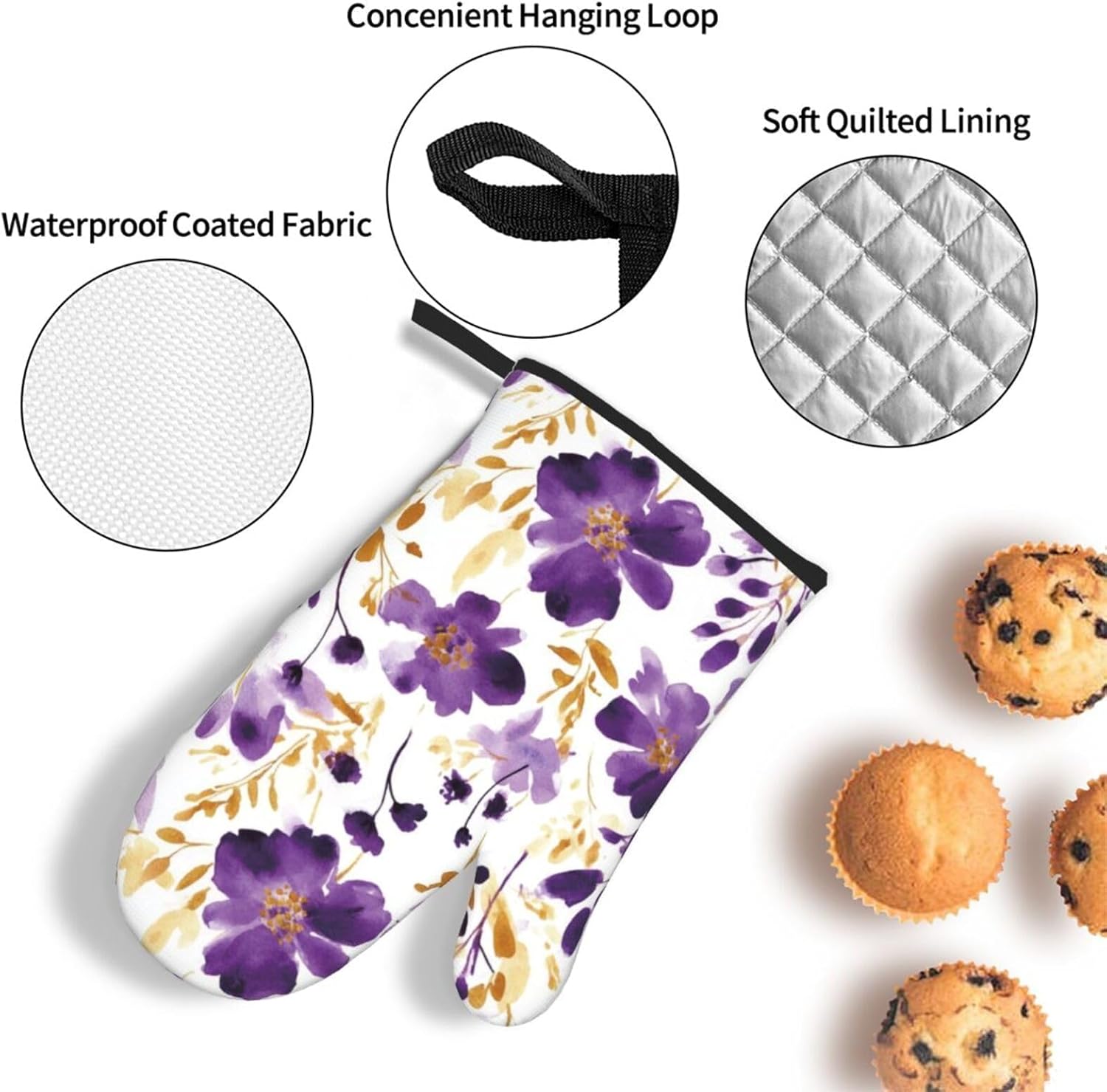 Purple and Gold Floral Oven Mitts and Pot Holders Sets of 3, Non-Slip Heat Resistant Watercolor Flower Design Kitchen Gloves, Gifts for Women Cooking, Elegant Kitchen Decor for Baking Roasting Cooking - Image 6