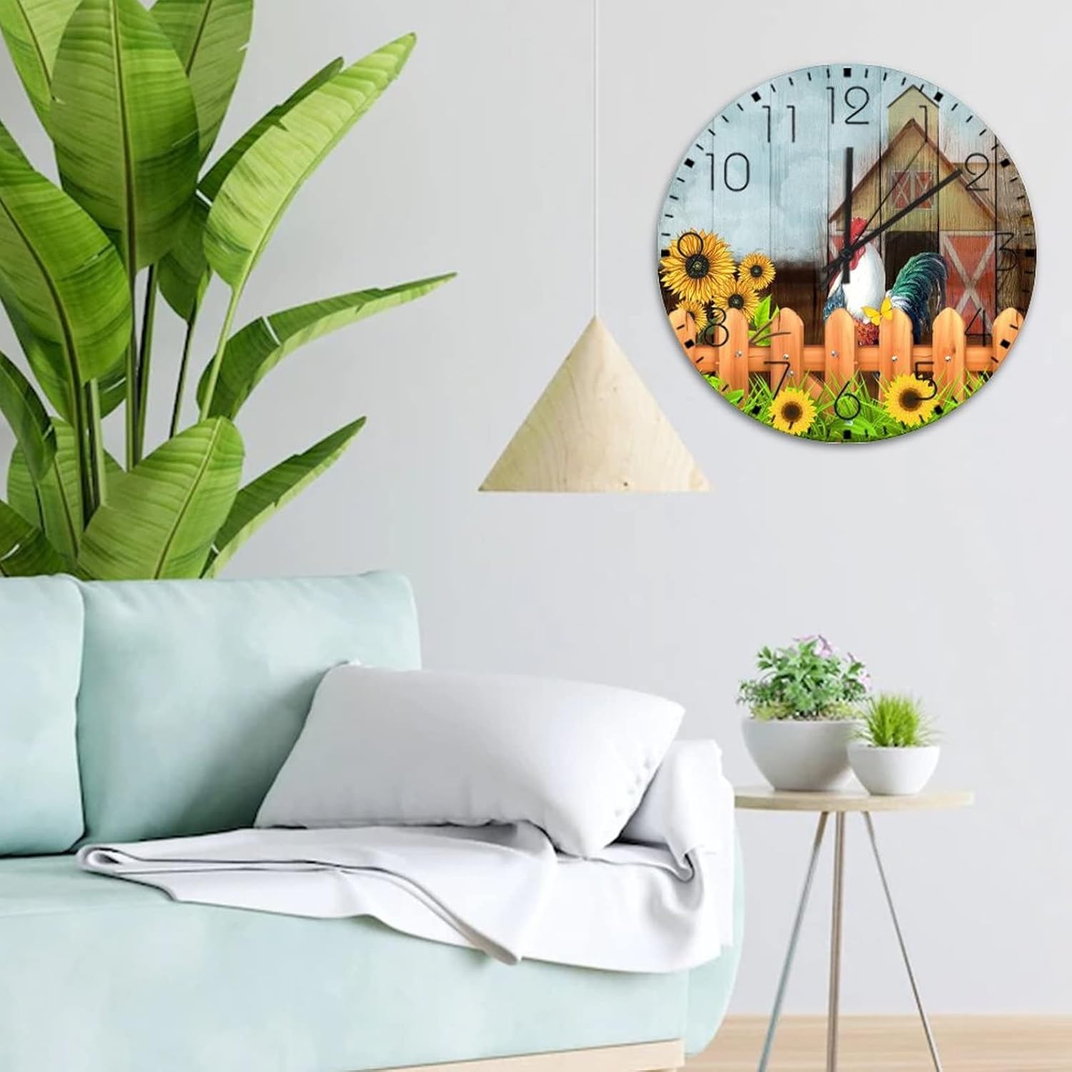 Wood Hanging Wall Clock Analog Round Non-Ticking Rooster Barnyard Cockerel Design Sunflower Barn Rustic Wall Clocks Chicken Paintings Farm Animal Wooden Wall Decor for Restroom Kids Room Daycare 15"