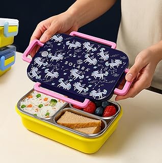 SOLARA Premium Stainless Steel Lunch Box for Kids, with 3 Compartments, Leak Proof, Steel Tiffin Box for School Boys/Girl... Price In India