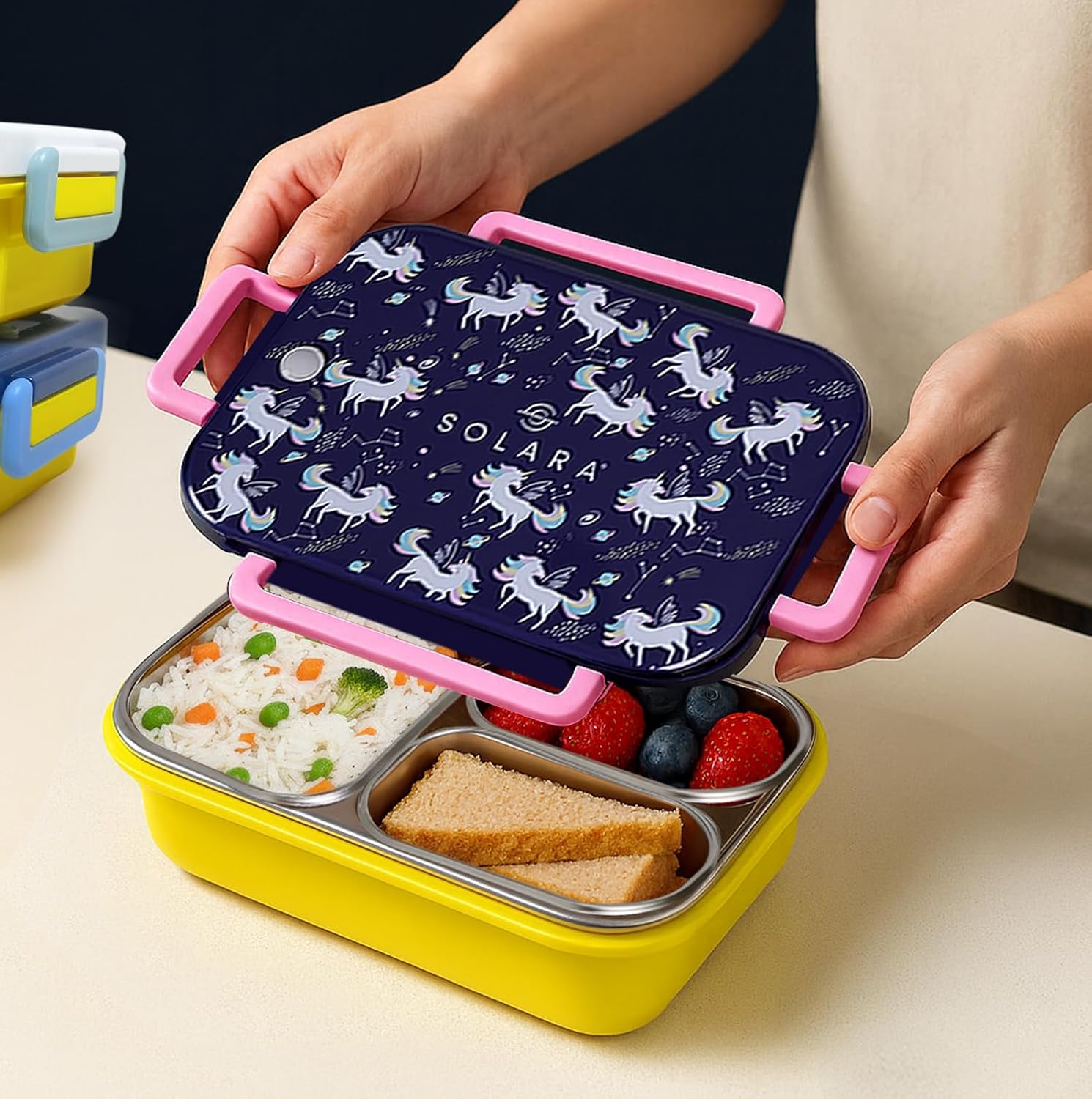 SOLARA Premium Stainless Steel Lunch Box for Kids, with 3 Compartments, Leak Proof, Steel Tiffin Box for School Boys/Girl...