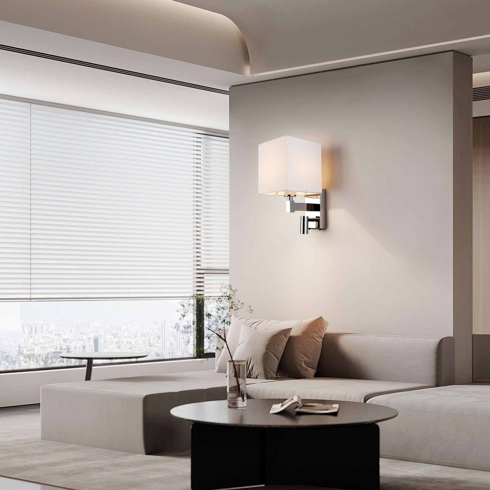 HARPER LIVING 1xE27/ES haut en bas Applique murale avec ajustable LED Liseuse, 1 USB port et 2 sur/de commutateurs, finition chrome poli, abat-jour en tissu blanc, (Ombre carrée)