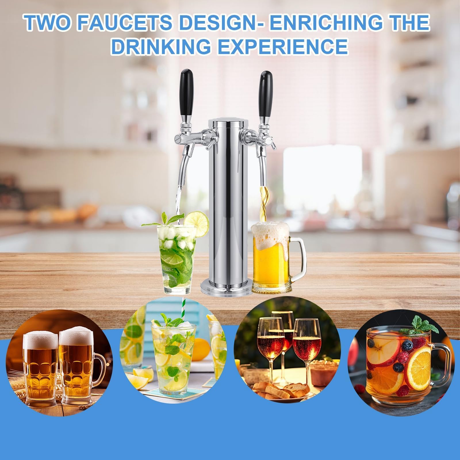 Torre Kegerator de doble grifo ajustable, torre de cerveza premontada, torre dispensadora de cerveza de acero inoxidable, llave de cerveza de cierre automático para piezas de Kegerator de cerveza